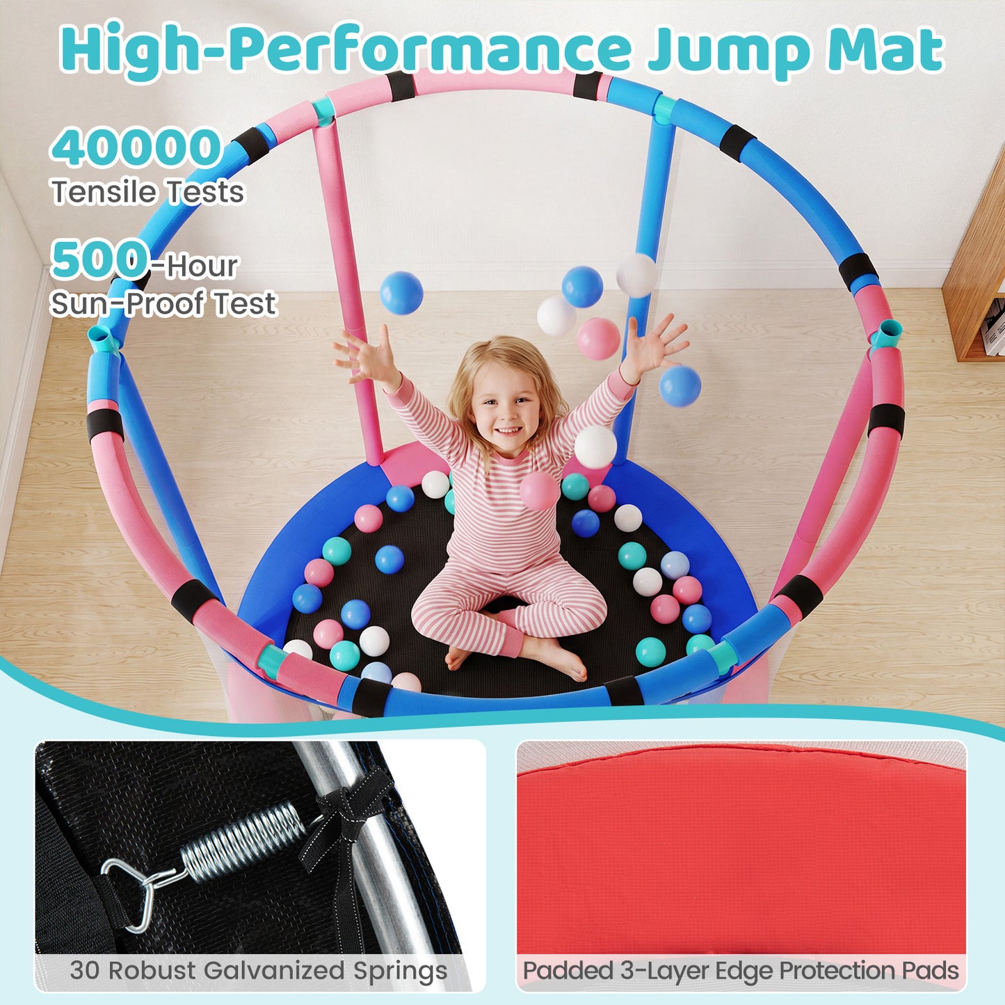 Costway Trampoline voor Kinderen 154 cm 6-in-1 Kindentrampoline met Turnstang Schommel en Ringen Blauw