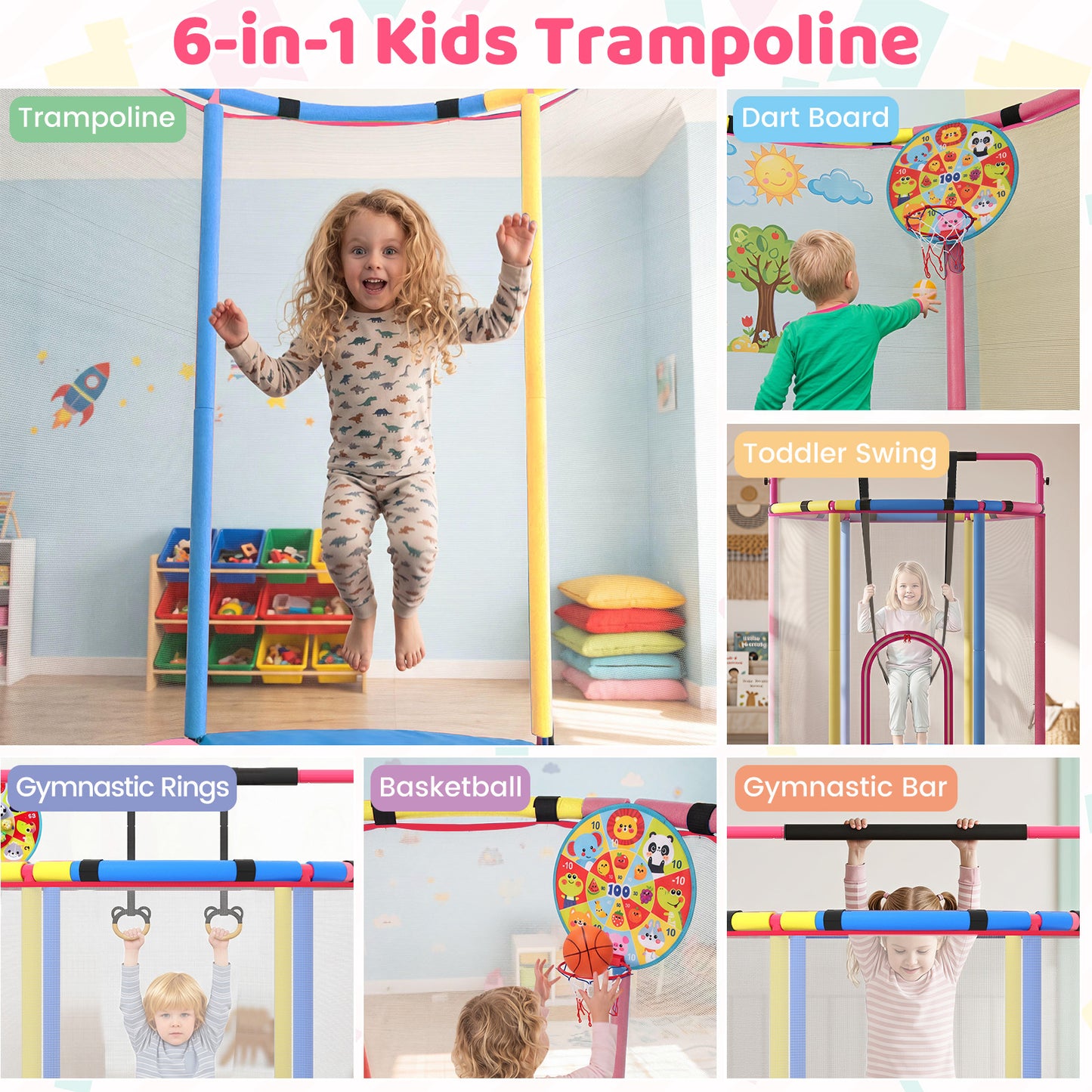 Costway Trampoline voor Kinderen 154 cm 6-in-1 Kindentrampoline met Turnstang Schommel en Ringen Multicolor