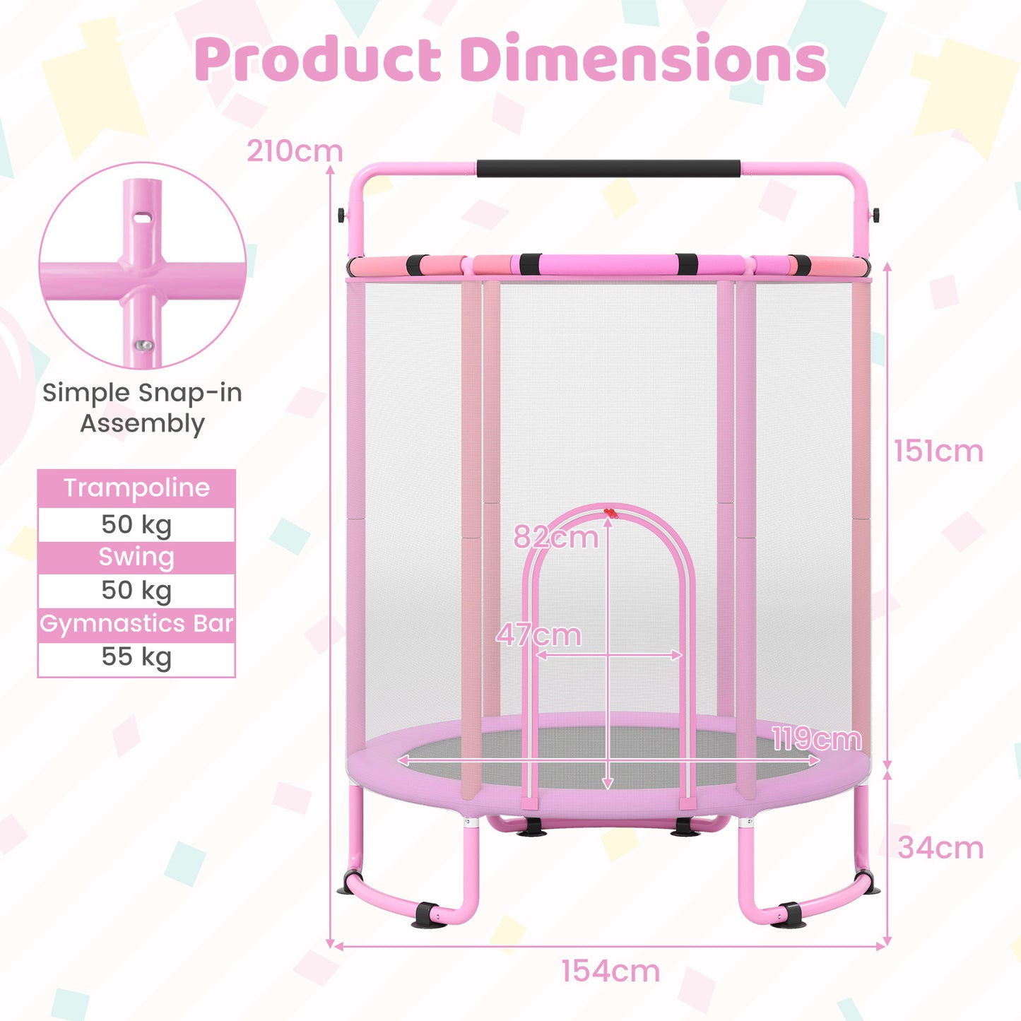 Costway Trampoline voor Kinderen 154 cm 6-in-1 Kindentrampoline met Turnstang Schommel en Ringen Roze