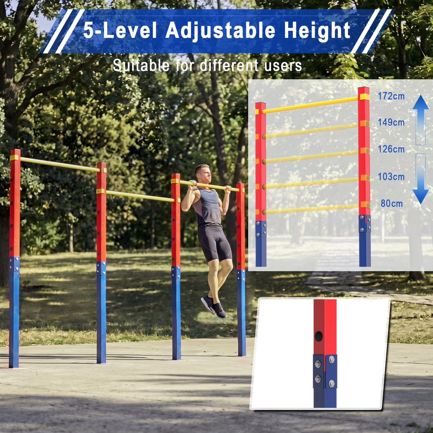 Costway Trekstang in Hoogte Verstelbare Rekstang 80-172 cm Dipstation van Verzinkt Staal tot 330 kg Rood