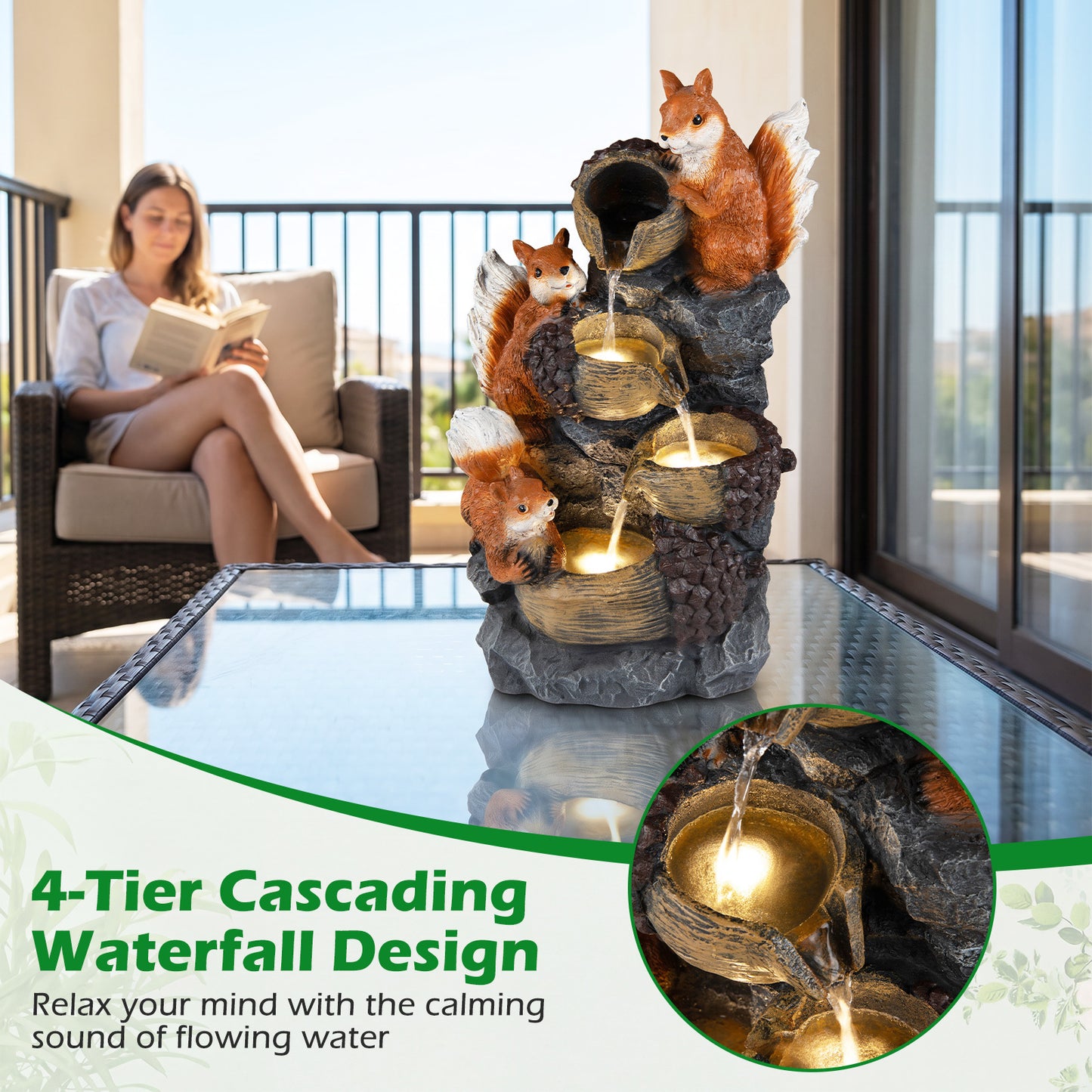 Costway Tuin- en Binnenfontein Waterval met 4 Niveaus en Ledverlichting Versierd met Eekhoorns