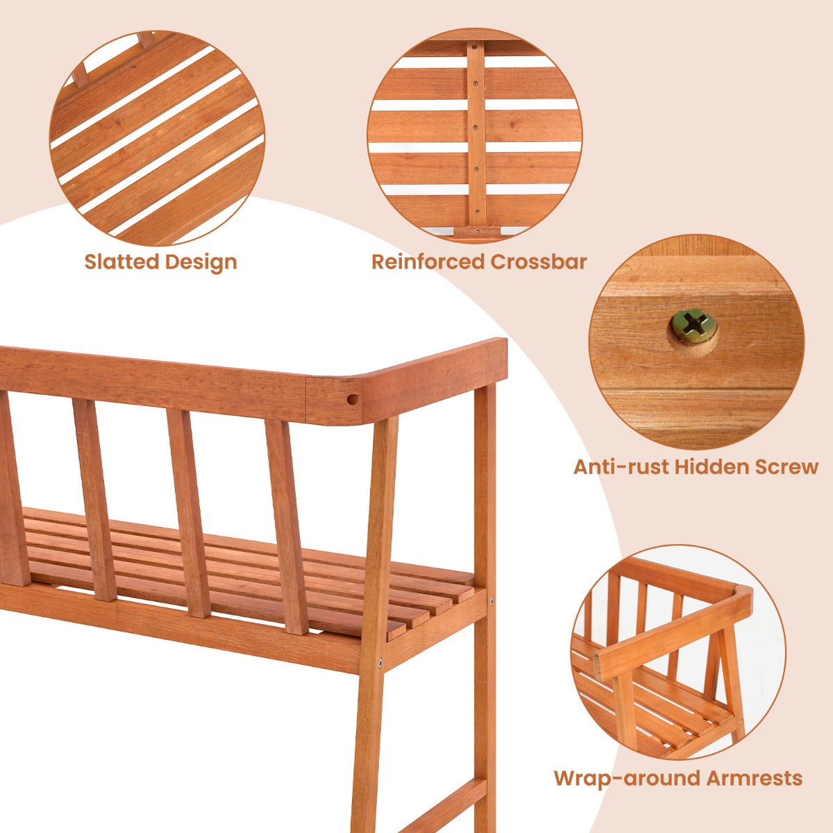 Costway Tuinbank Acaciahout Zitbank tot 360 kg Belastbaar Terrasbank 2-Zits Houten Bank Parkeerbank voor Terras Balkon Tuin 110 x 46 x 72 cm