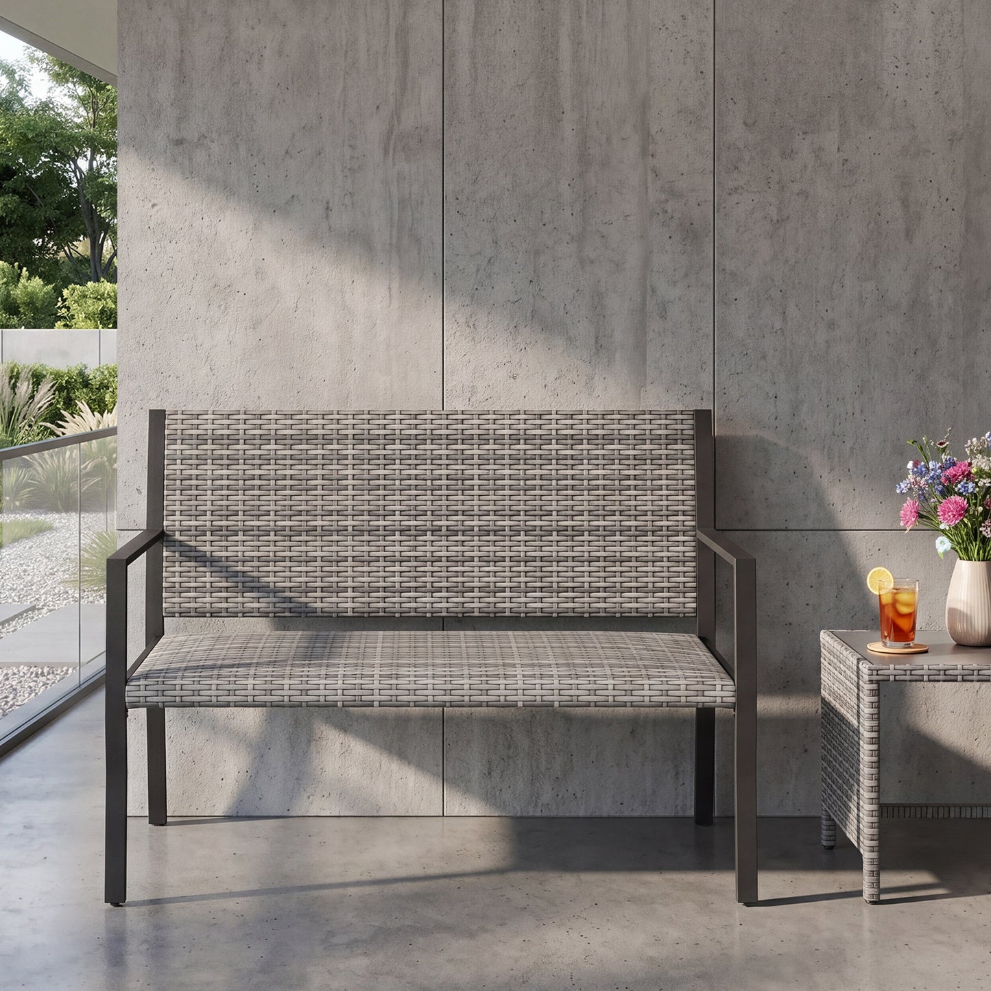 Costway Tuinbank Rattan Buiten Zitbank met Rugleuning & Armleuningen weerbestendige Terrasbank voor 2 Personen Balkonbank Grijs