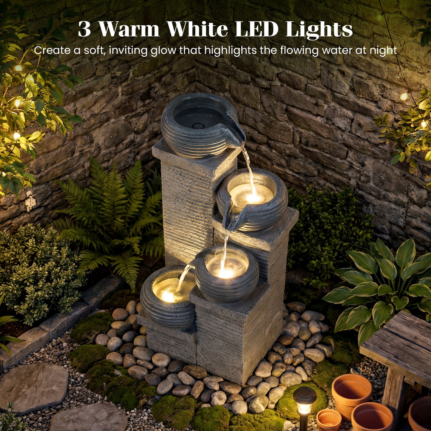 Costway Tuinfontein met LED-verlichting Binnenfontein van Kunsthars & Glasvezel Fontein Inclusief Pomp Waterval Waterspel
