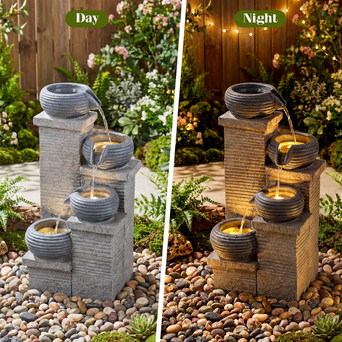 Costway Tuinfontein met LED-verlichting Binnenfontein van Kunsthars & Glasvezel Fontein Inclusief Pomp Waterval Waterspel