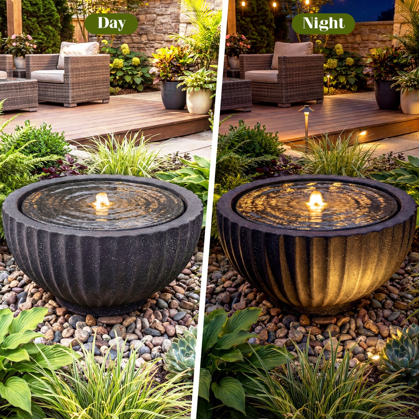 Costway Tuinfontein Ronde Fontein met Ledverlichting Kleine Terrasfontein met Afwerking in Steenlook en Pomp
