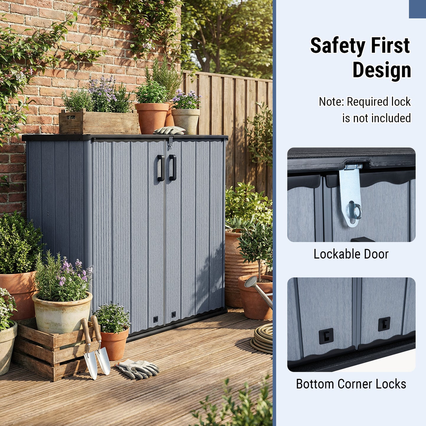 Costway Tuinkast Opbergdoos Weerbestendig van Kunststof Gereedschapschuur met Afsluitbare Dubbele Deur Grijs