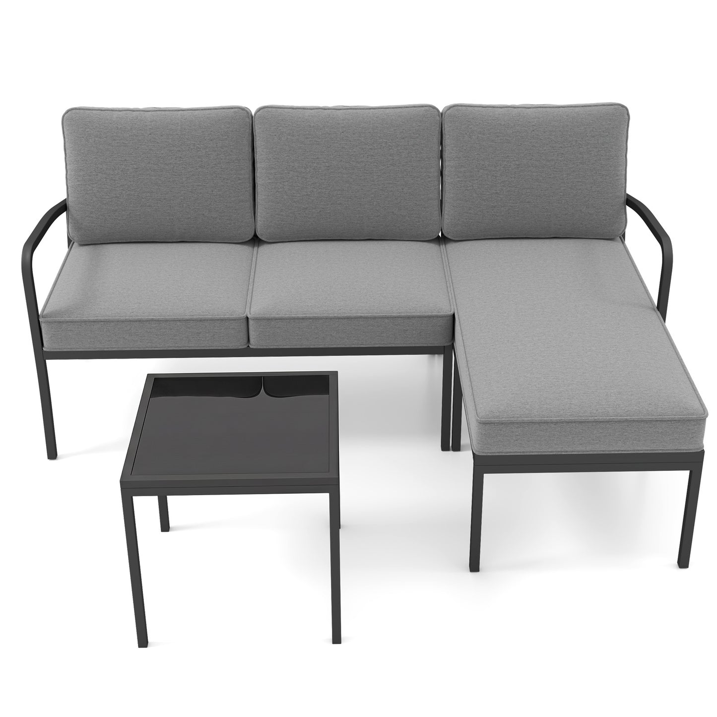 Costway Tuinmeubelen 3-delige Balkonmeubelset met 2-zits Bank L-vormige Bank & Salontafel Grijs