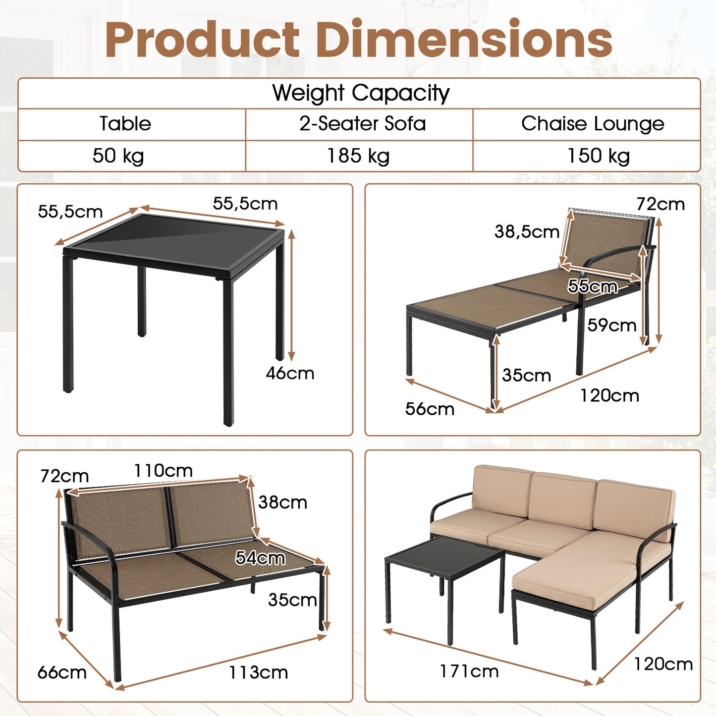 Costway Tuinmeubelen 3-delige Balkonmeubelset met 2-zits Bank L-vormige Bank & Salontafel Khaki