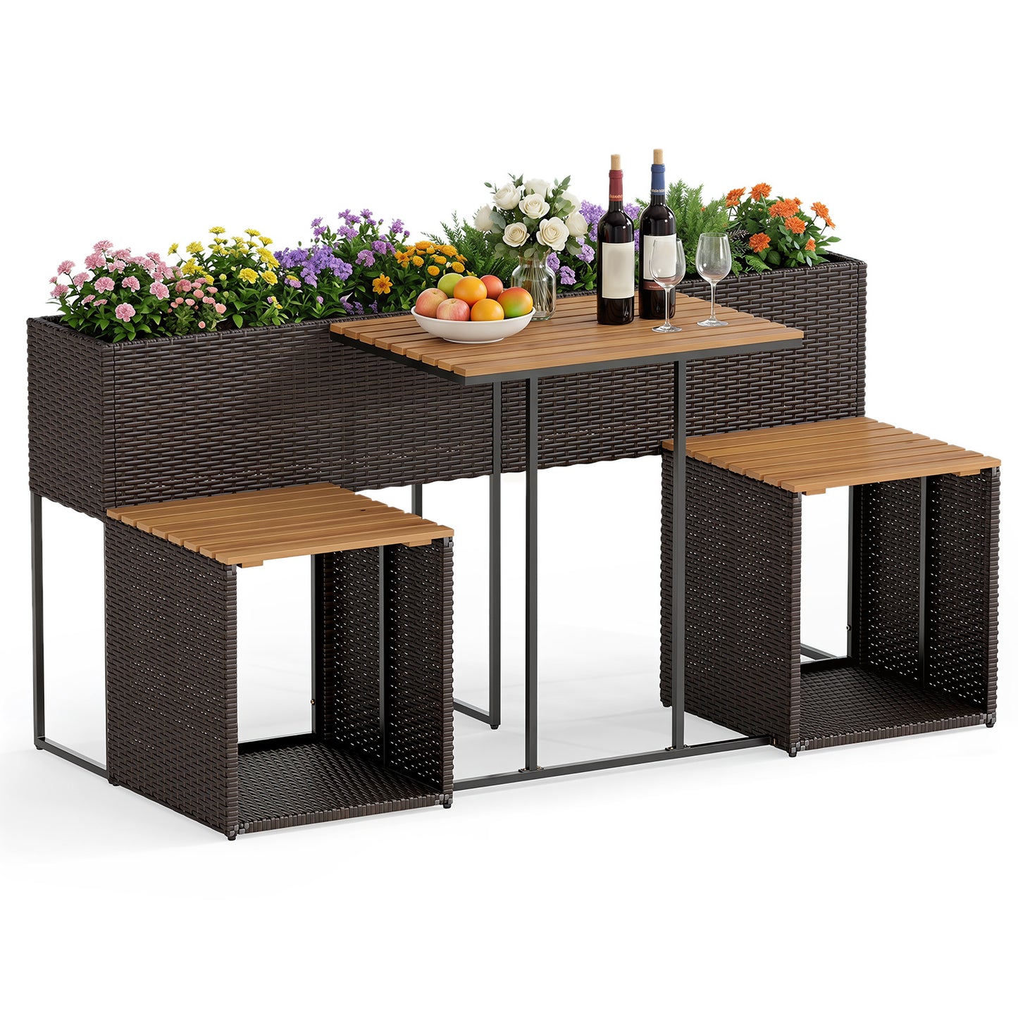 Costway Tuinset met Verhoogde Plantenbak PE-rotan Buitentafel met 2 Stoelen Tafelblad van Acaciahout Opbergruimte