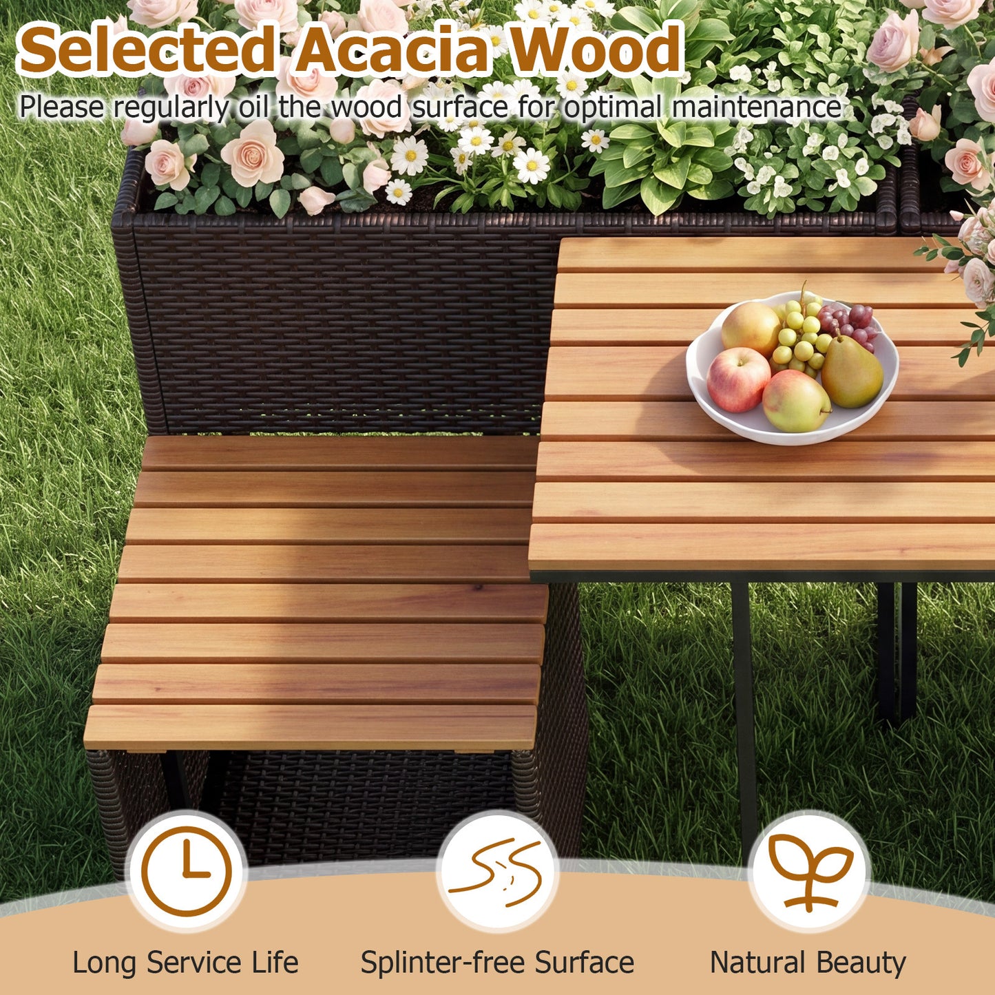 Costway Tuinset met Verhoogde Plantenbak PE-rotan Buitentafel met 2 Stoelen Tafelblad van Acaciahout Opbergruimte
