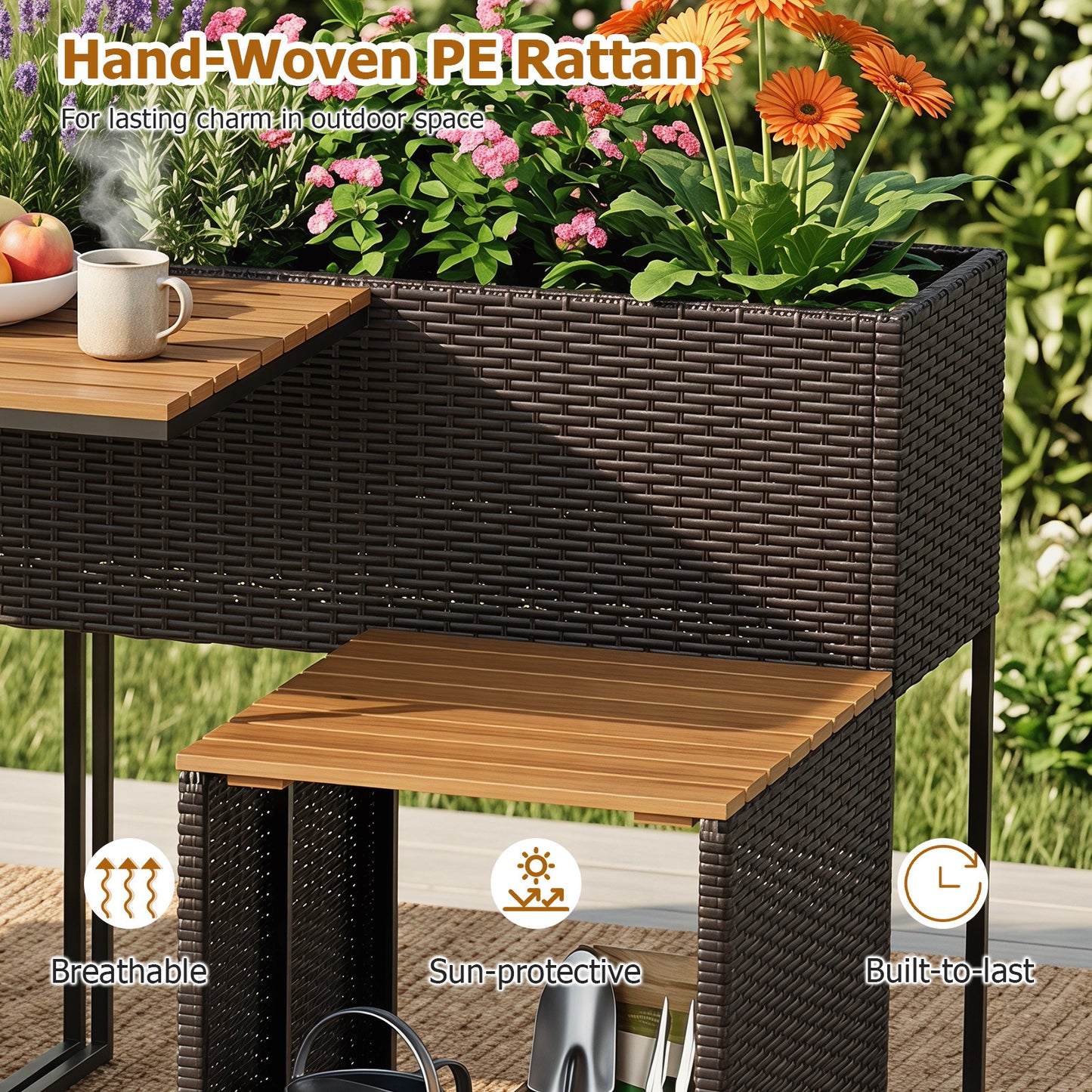 Costway Tuinset met Verhoogde Plantenbak PE-rotan Buitentafel met 2 Stoelen Tafelblad van Acaciahout Opbergruimte