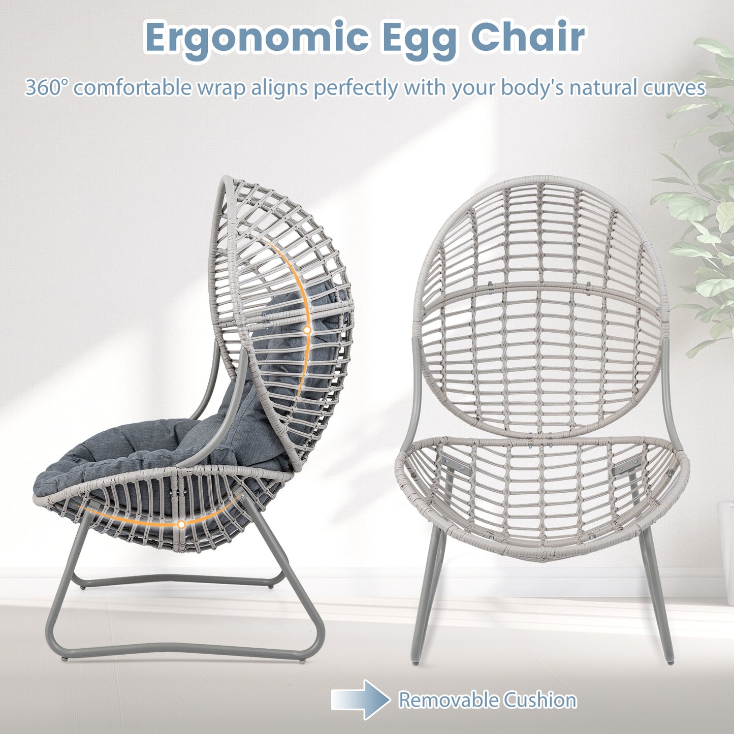 Costway Tuinstoel van PE-rattan Loungestoel met Afneembare Zit- en Rugkussens Korfsstoel met Metalen Frame