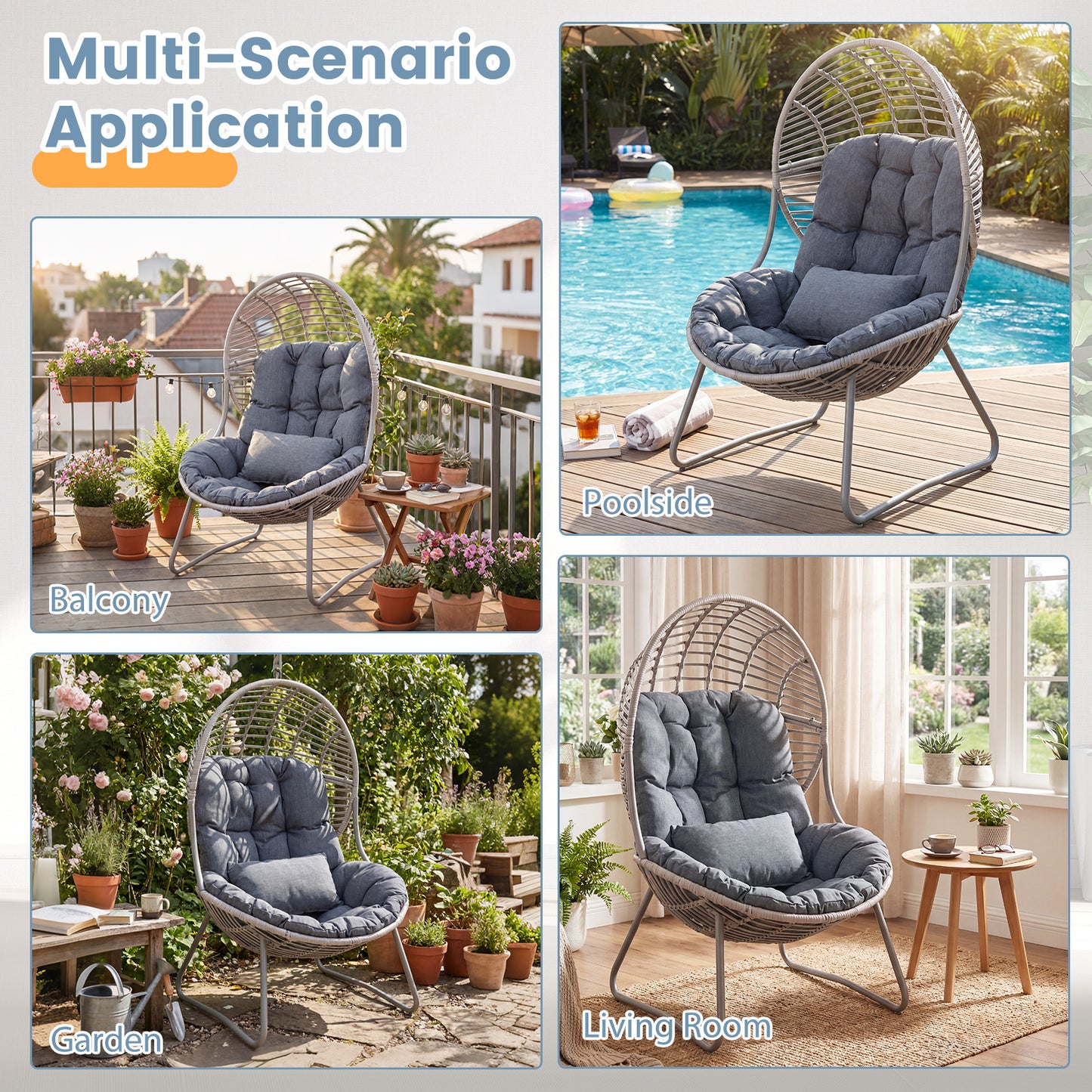 Costway Tuinstoel van PE-rattan Loungestoel met Afneembare Zit- en Rugkussens Korfsstoel met Metalen Frame