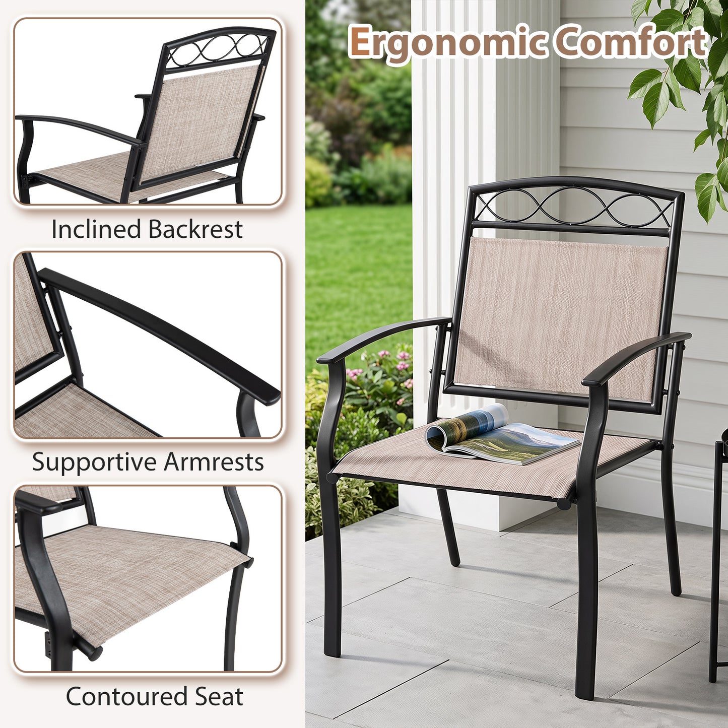 Costway Tuinstoelen 2-delige Set Weerbestendige Terrasstoelen van Ademend Materiaal met Brede Zitting Koffie