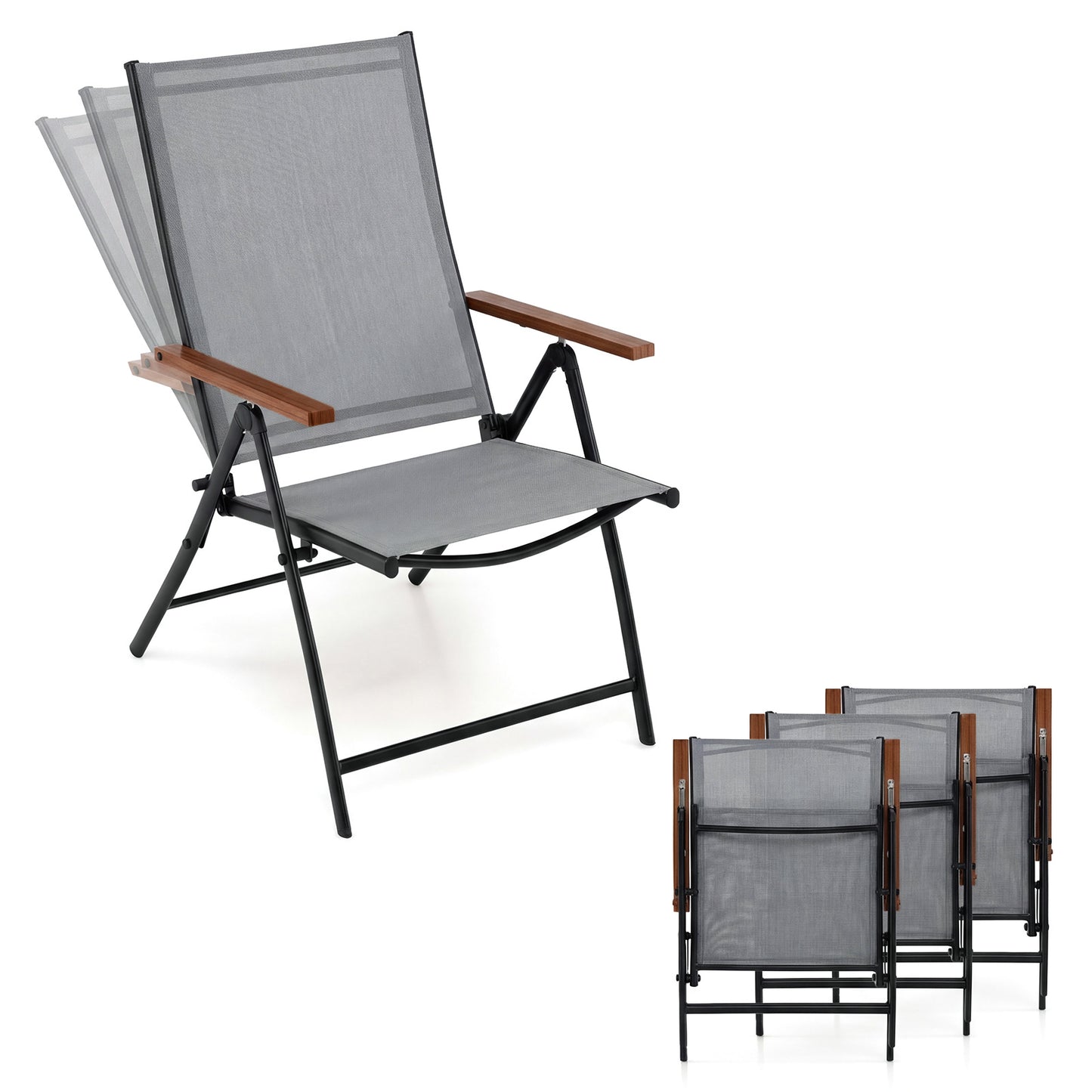 Costway Tuinstoelen 4-set Weerbestendige Klapstoel met 5-voudig Verstelbare Rugleuning Grijs