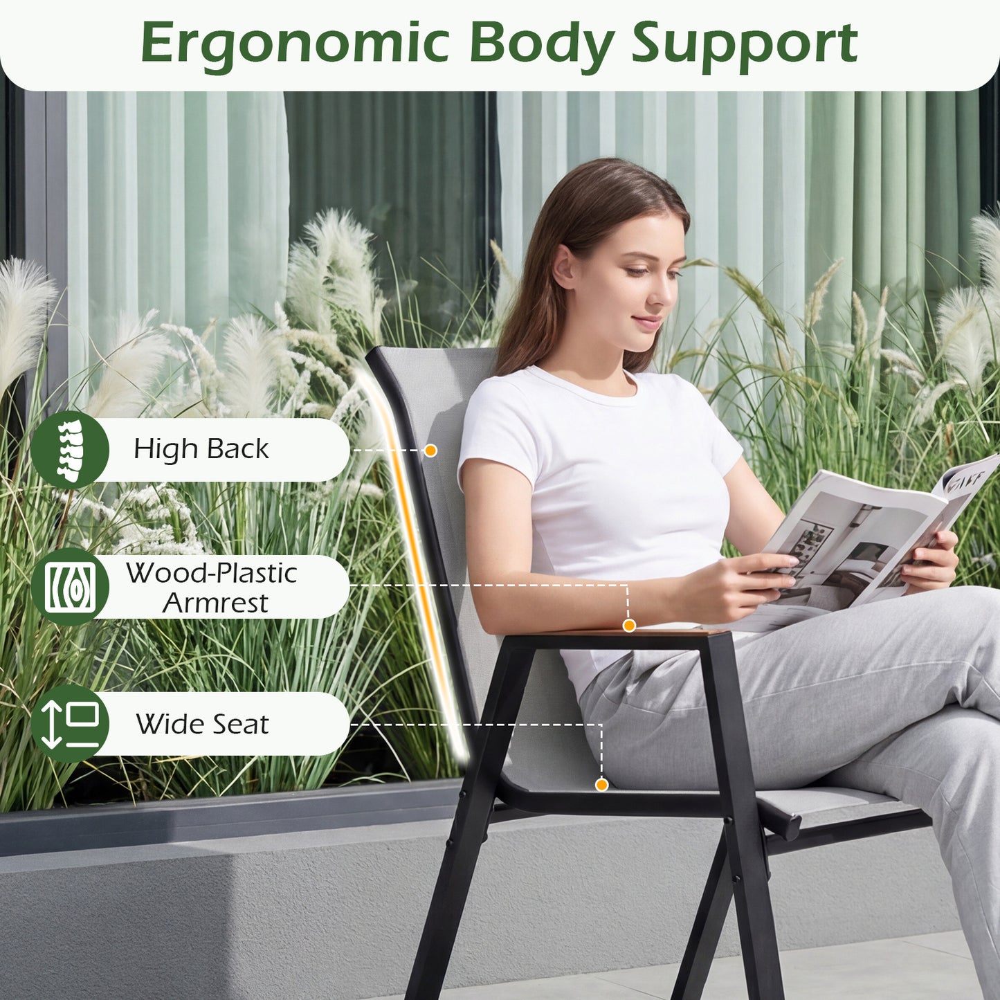 Costway Tuinstoelen Set van 6 Stapelbare Stoelen met Hoge Rugleuning van Ademend Teslin-weefsel met Houten Armleuningen en Stabiel Metalen Onderstel Grijs