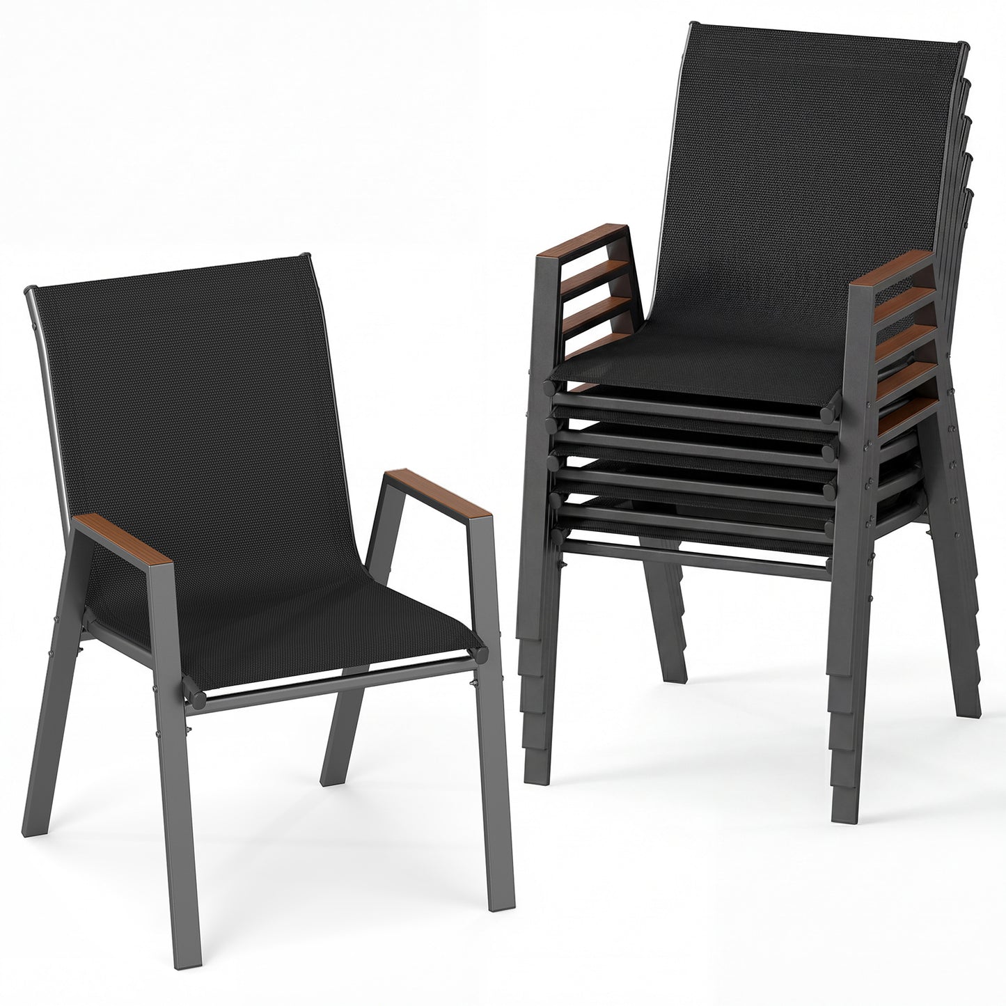 Costway Tuinstoelen Set van 6 Stapelbare Stoelen met Hoge Rugleuning van Ademend Teslin-weefsel met Houten Armleuningen en Stabiel Metalen Onderstel Zwart