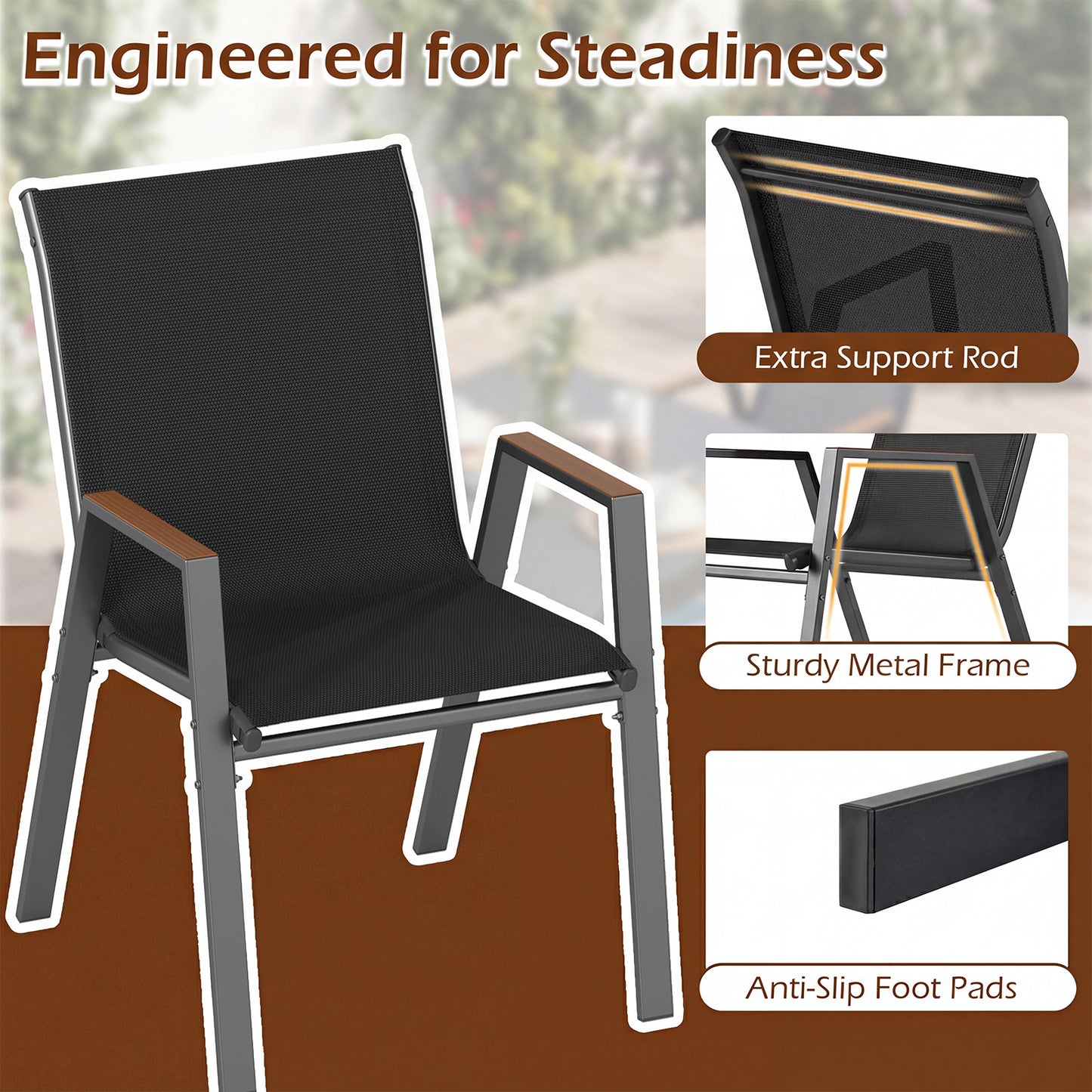 Costway Tuinstoelen Set van 6 Stapelbare Stoelen met Hoge Rugleuning van Ademend Teslin-weefsel met Houten Armleuningen en Stabiel Metalen Onderstel Zwart