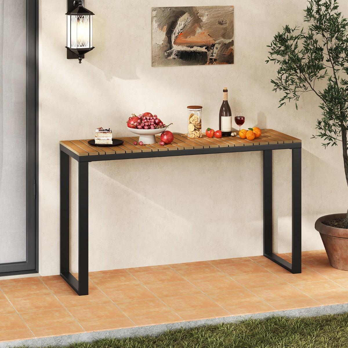 Costway Tuintafel Weerbestendig 129 x 42 cm Terrastafel met WPC-Tafelblad en Metalen Frame Rechthoekige Balkontafel Buiten-Eettafel