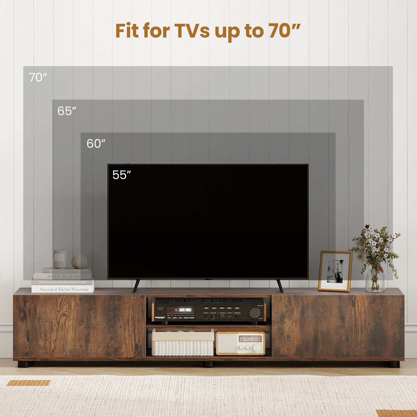 Costway TV-commode voor TV's tot 70 inch TV-meubel met 2 Deuren en 2 Open Planken TV-Standaard met Kantelbeveiliging Bruin