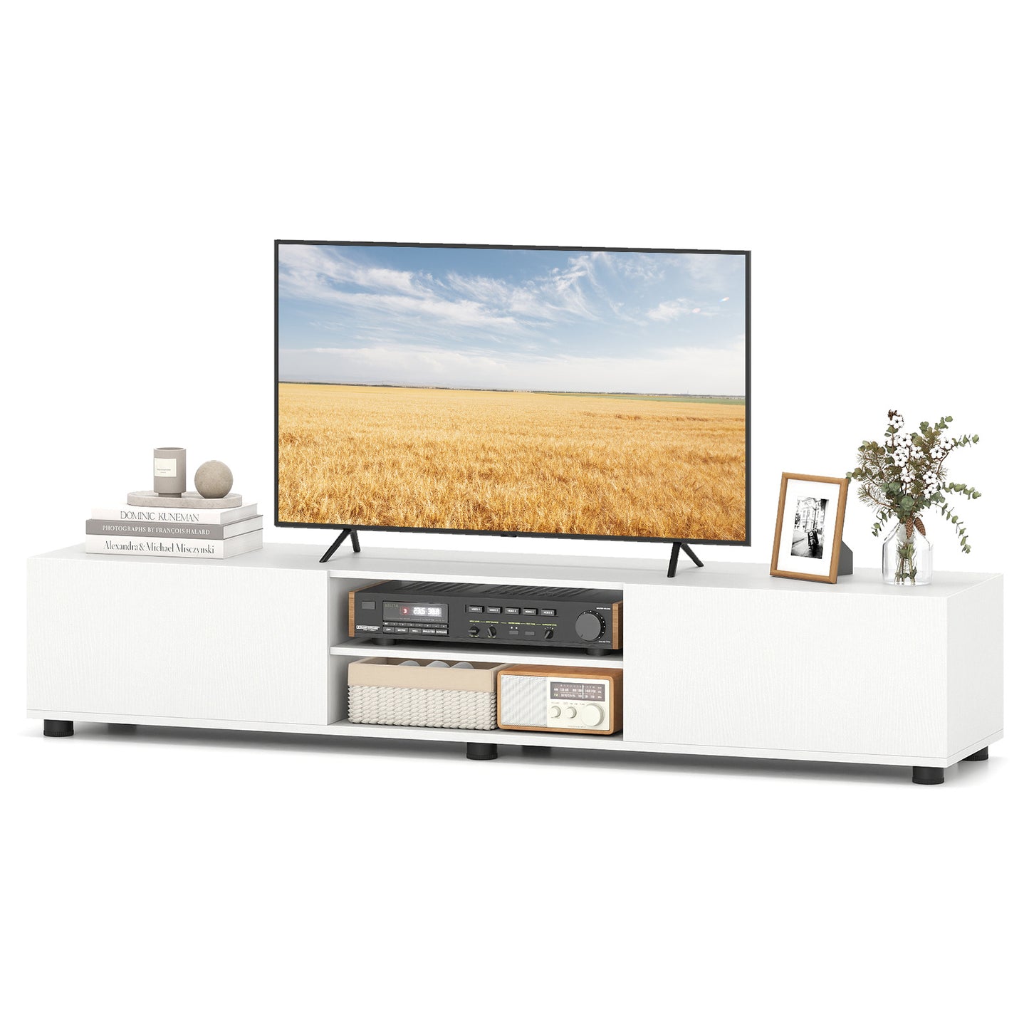 Costway TV-commode voor TV's tot 70 inch TV-meubel met 2 Deuren en 2 Open Planken TV-Standaard met Kantelbeveiliging Wit