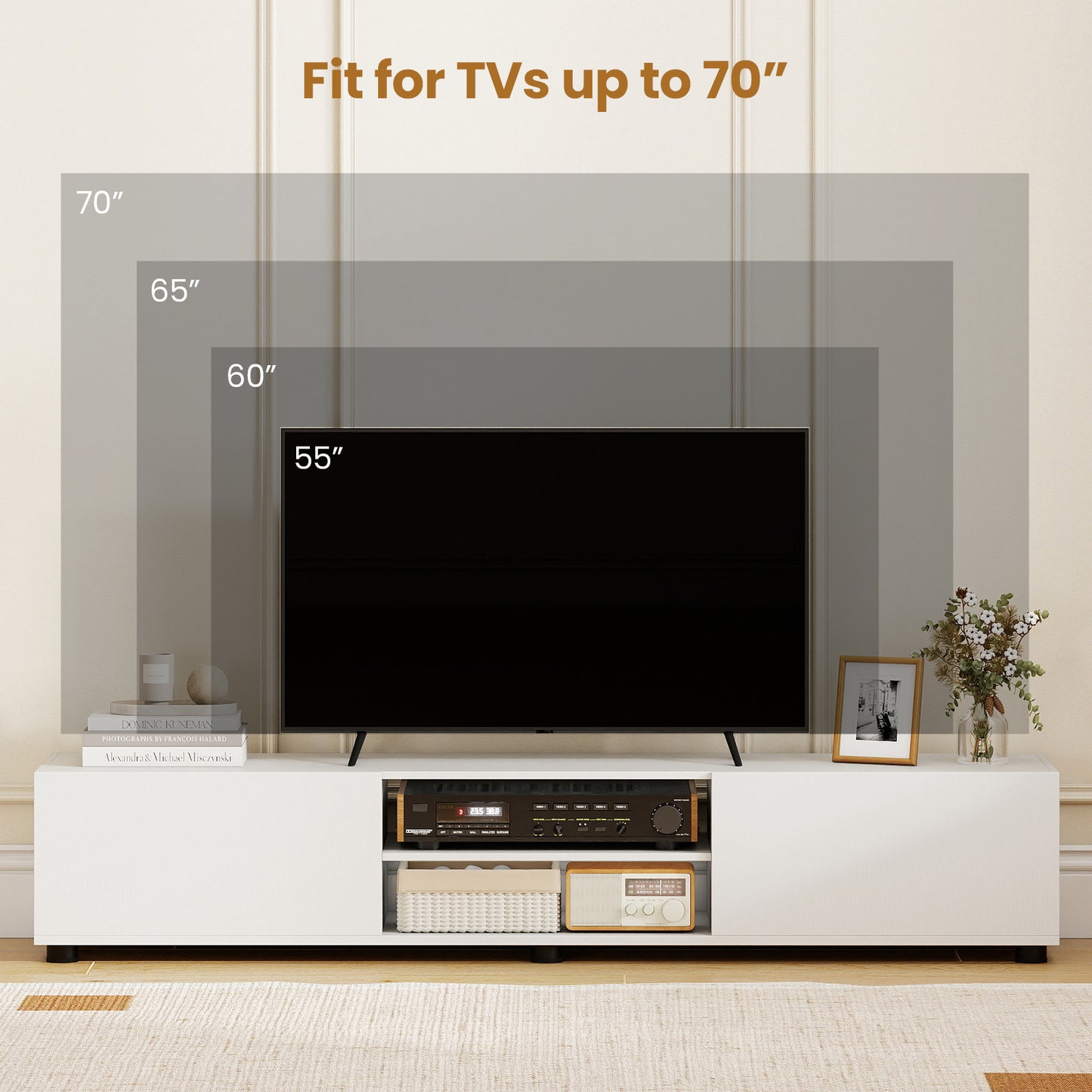 Costway TV-commode voor TV's tot 70 inch TV-meubel met 2 Deuren en 2 Open Planken TV-Standaard met Kantelbeveiliging Wit