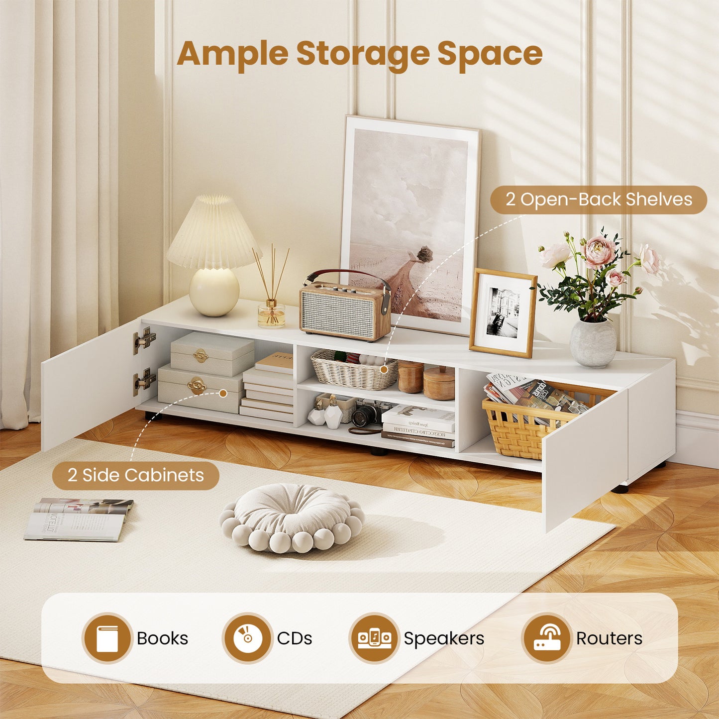 Costway TV-commode voor TV's tot 70 inch TV-meubel met 2 Deuren en 2 Open Planken TV-Standaard met Kantelbeveiliging Wit