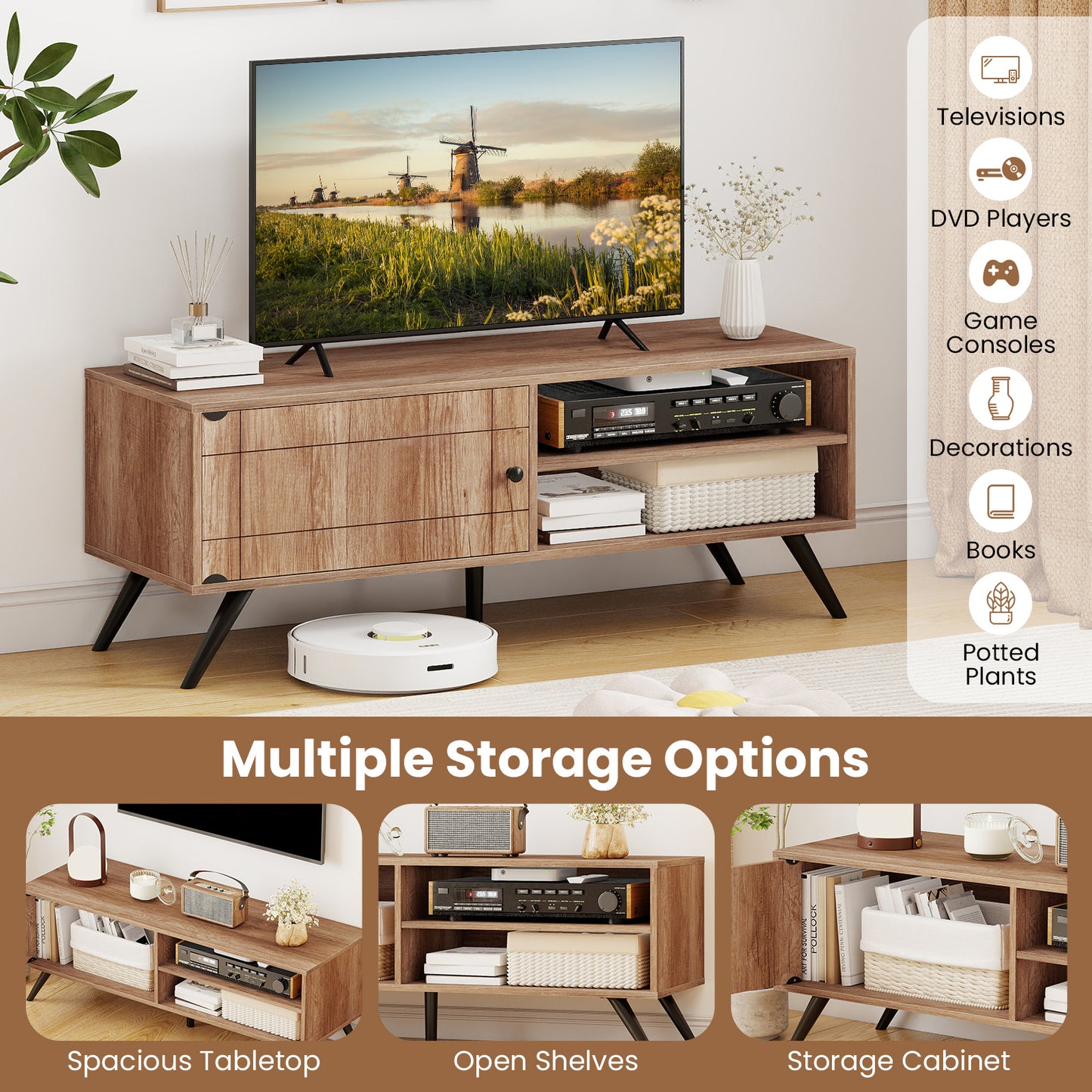 Costway TV Kast Televisiekast met Kast 2 Open Vakken TV Lowboard voor Televisies tot 55 inch Televisietafel