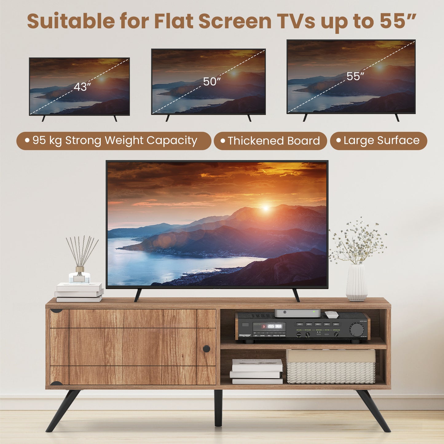 Costway TV Kast Televisiekast met Kast 2 Open Vakken TV Lowboard voor Televisies tot 55 inch Televisietafel