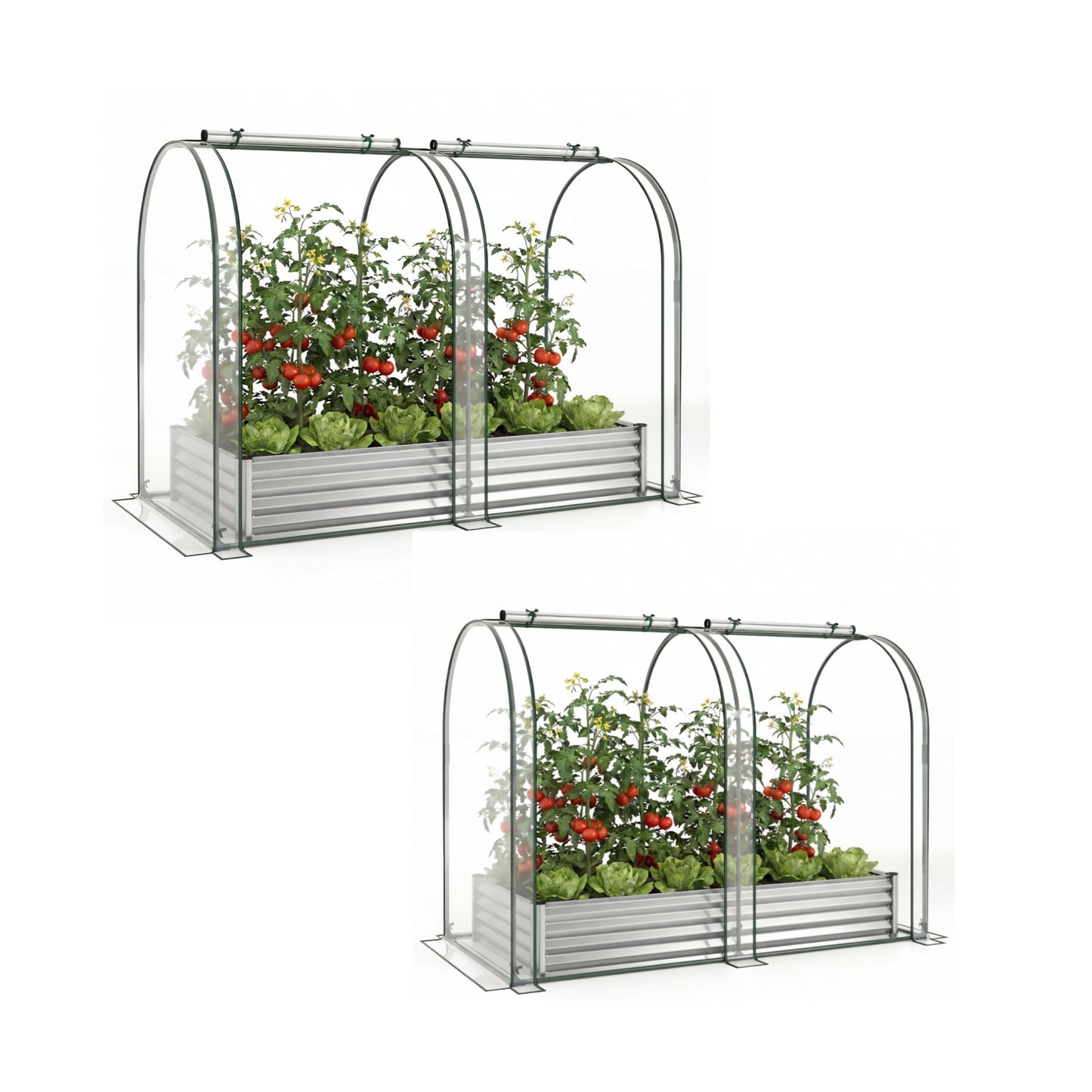 Costway (Twee Stuks) 3 in 1 Verhoogd Bed met Kas Metalen Plantenbak met PVC-bekleding & 2 Ramen Vroege Bed Zilver/Zwart