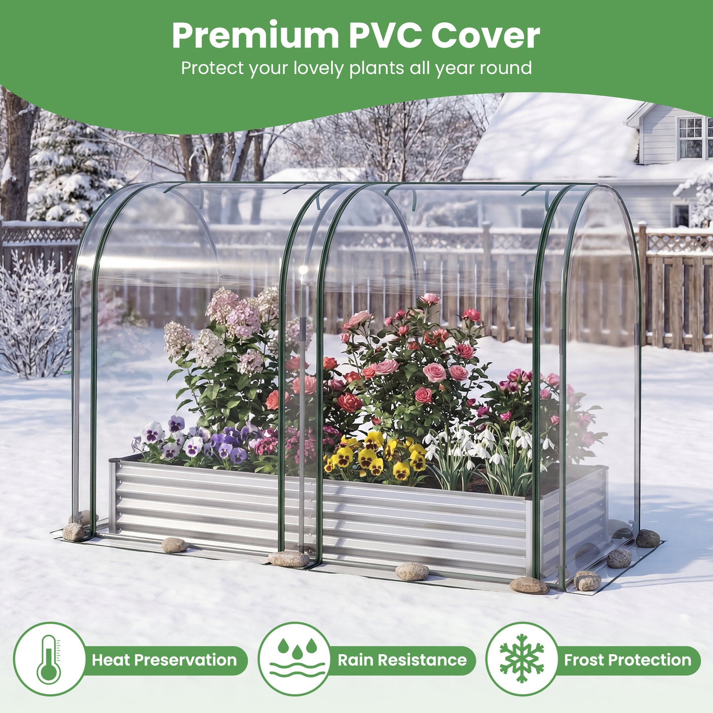 Costway (Twee Stuks) 3 in 1 Verhoogd Bed met Kas Metalen Plantenbak met PVC-bekleding & 2 Ramen Vroege Bed Zilver/Zwart