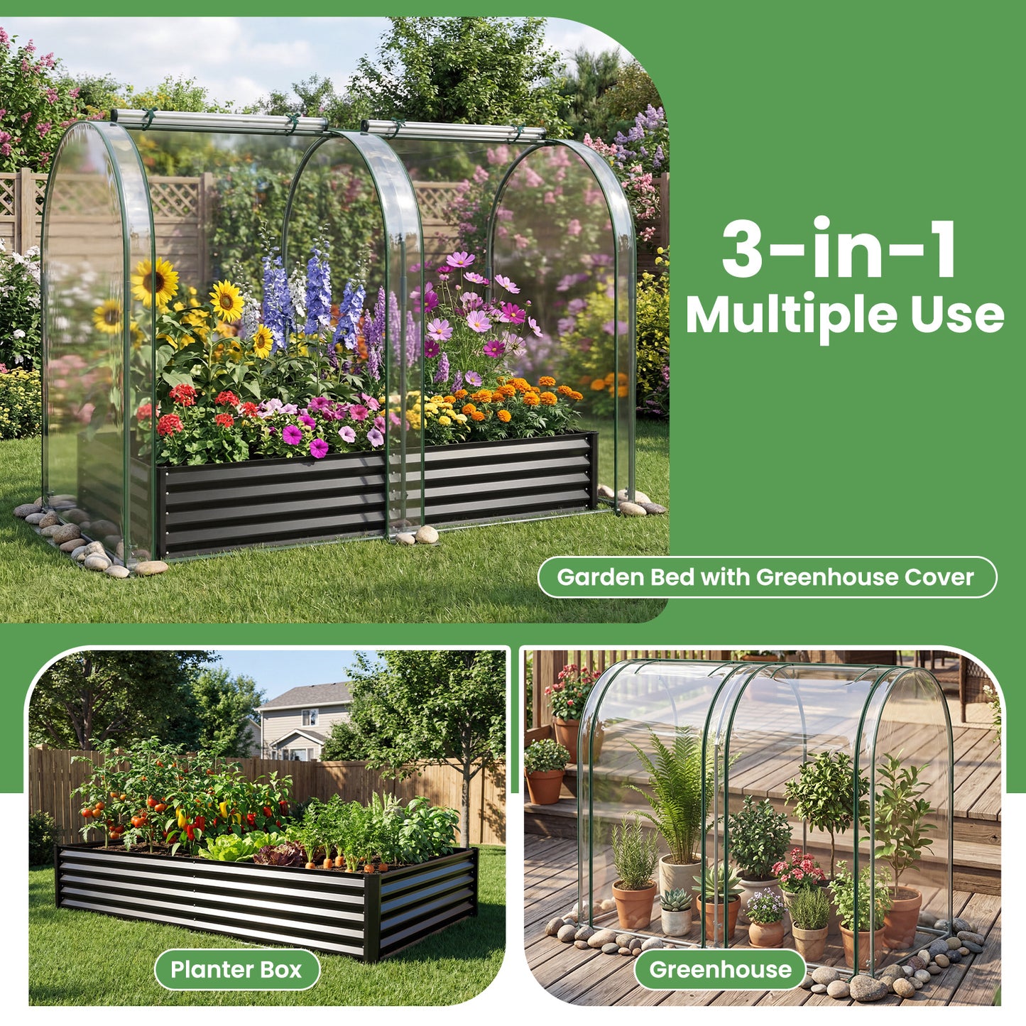 Costway (Twee Stuks) 3 in 1 Verhoogd Bed met Kas Metalen Plantenbak met PVC-bekleding & 2 Ramen Vroege Bed Zilver/Zwart