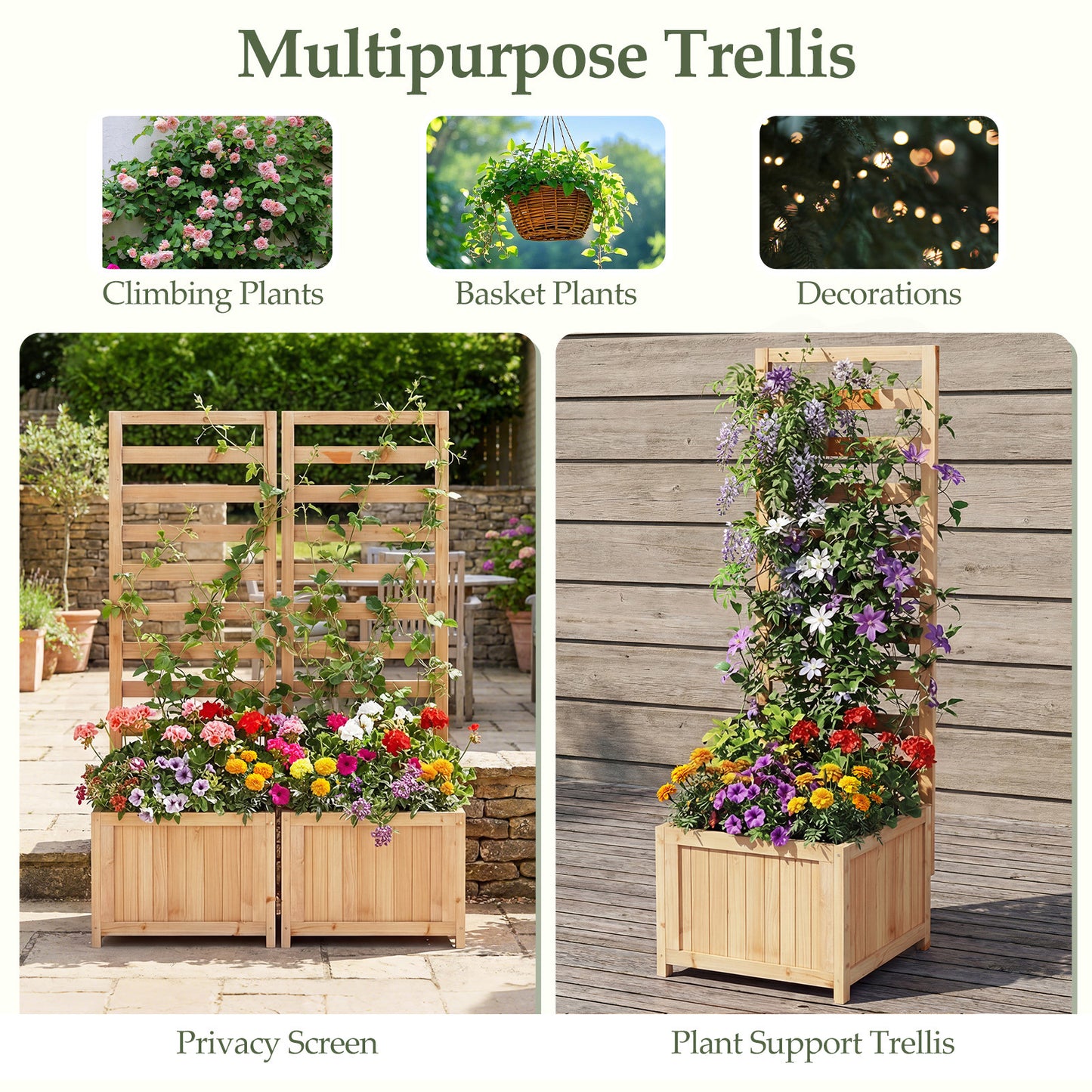 Costway (Twee Stuks) Houten Verhoogde Plantenbak met Klimrek 123 cm Hoge Verhoogde Plantenbak met Afwateringsgaten en Openingen voor Klimplanten Naturel