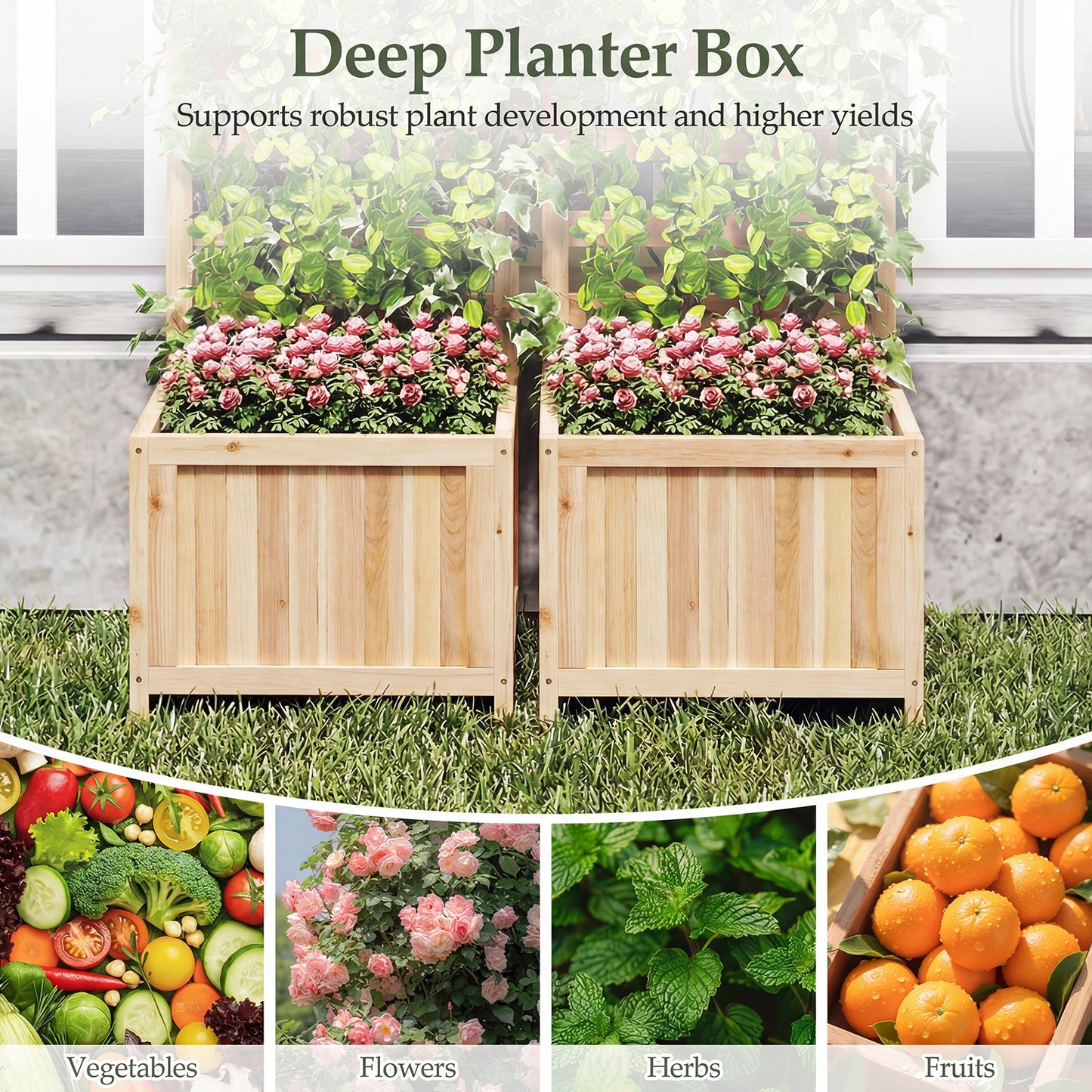 Costway (Twee Stuks) Houten Verhoogde Plantenbak met Klimrek 123 cm Hoge Verhoogde Plantenbak met Afwateringsgaten en Openingen voor Klimplanten Naturel