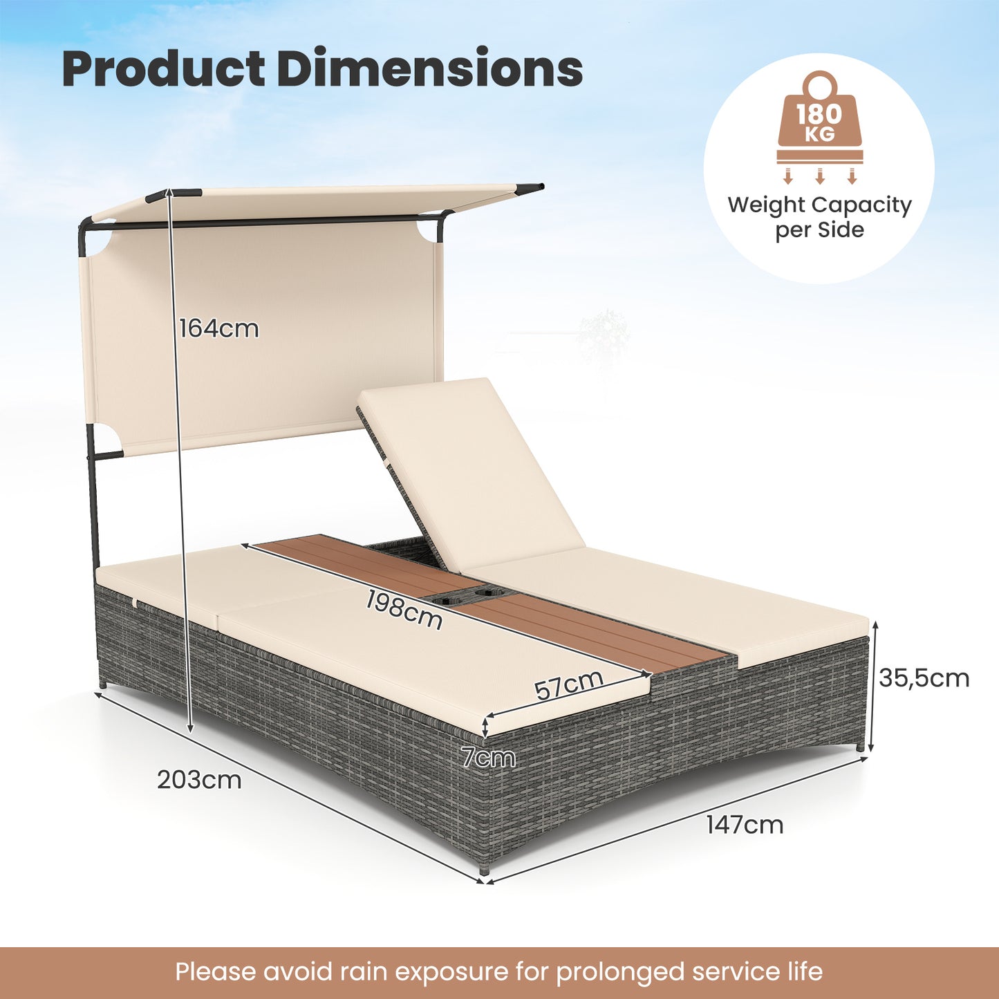 Costway Tweepersoons Ligbed van Riet met Kussens Dubbele Ligstoel met 5-Voudig Verstelbare Rugleuning Beige