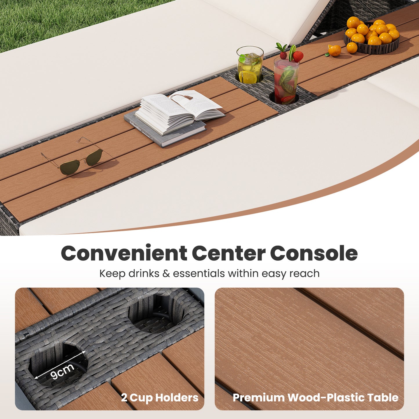 Costway Tweepersoons Ligbed van Riet met Kussens Dubbele Ligstoel met 5-Voudig Verstelbare Rugleuning Beige