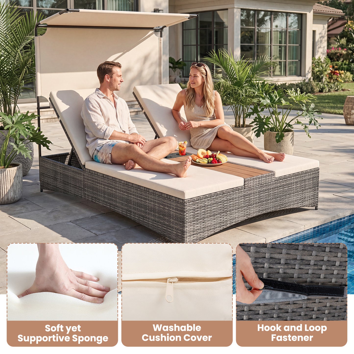 Costway Tweepersoons Ligbed van Riet met Kussens Dubbele Ligstoel met 5-Voudig Verstelbare Rugleuning Beige