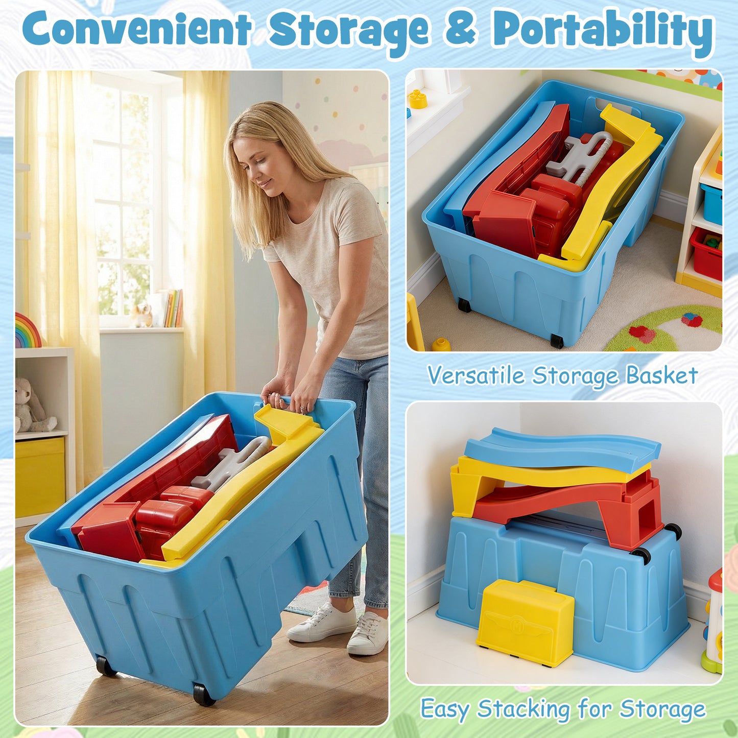 Costway Up & Down Roller Coaster Uitbreidbare Kinderachtbaan met Glijauto Opbergdoos & Afdaalracebanen tot 68 kg Blauw