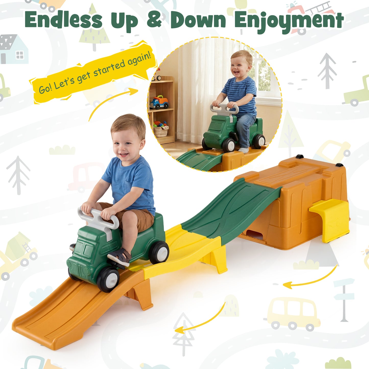 Costway Up & Down Roller Coaster Uitbreidbare Kinderachtbaan met Glijauto Opbergdoos & Afdaalracebanen tot 68 kg Bruin