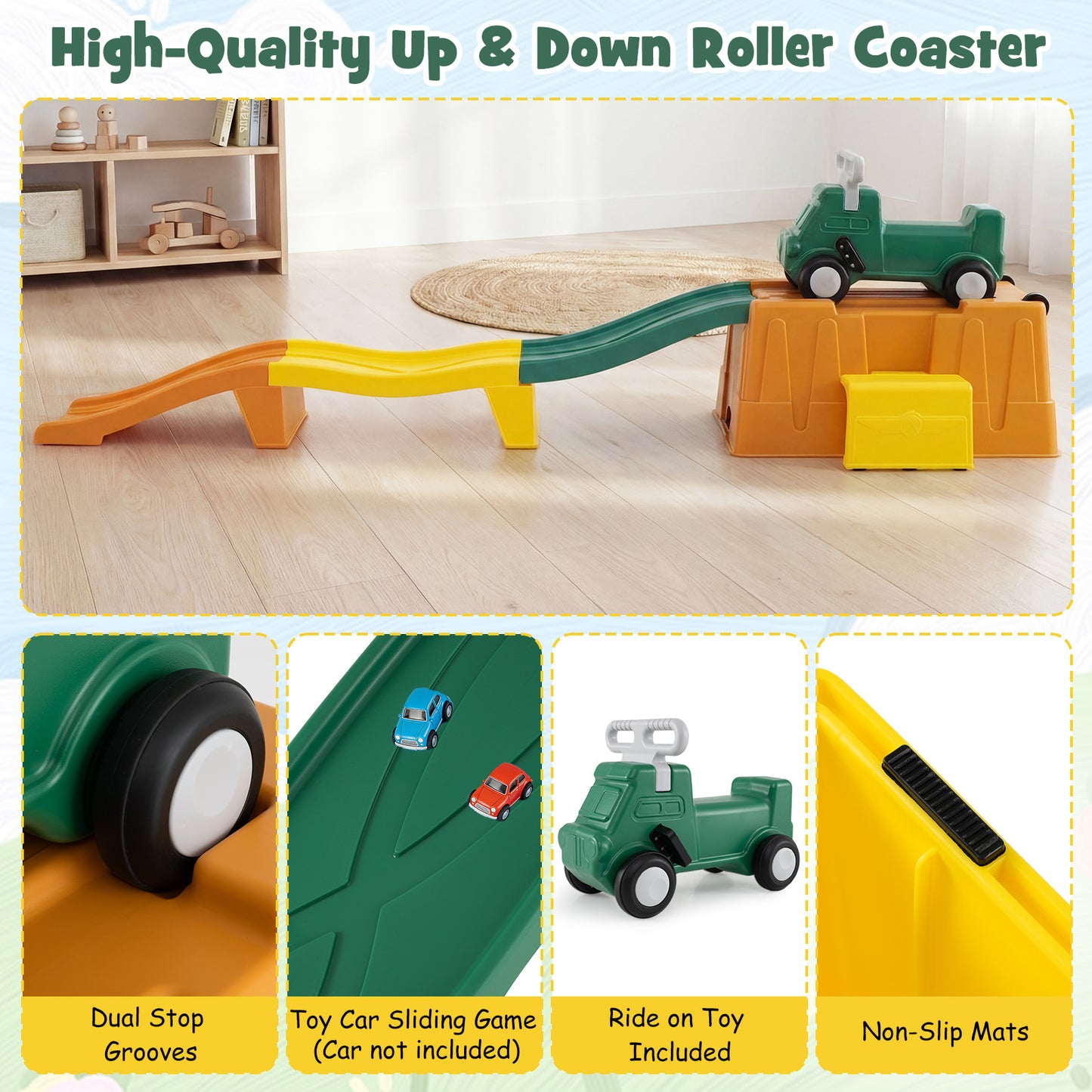 Costway Up & Down Roller Coaster Uitbreidbare Kinderachtbaan met Glijauto Opbergdoos & Afdaalracebanen tot 68 kg Bruin