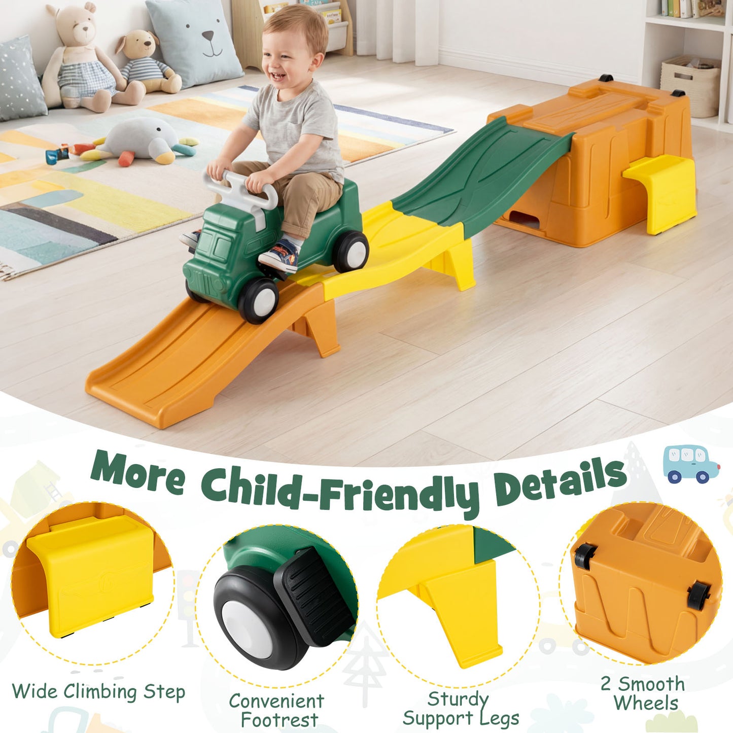 Costway Up & Down Roller Coaster Uitbreidbare Kinderachtbaan met Glijauto Opbergdoos & Afdaalracebanen tot 68 kg Bruin