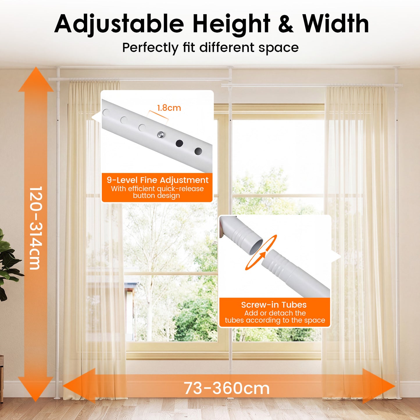 Costway Verdeelscherm Gordijnroede Verstelbare Ruimte Scheidende Gordijnroede 120-314cm(H) 73-360cm(B) Zonder Boren Wit
