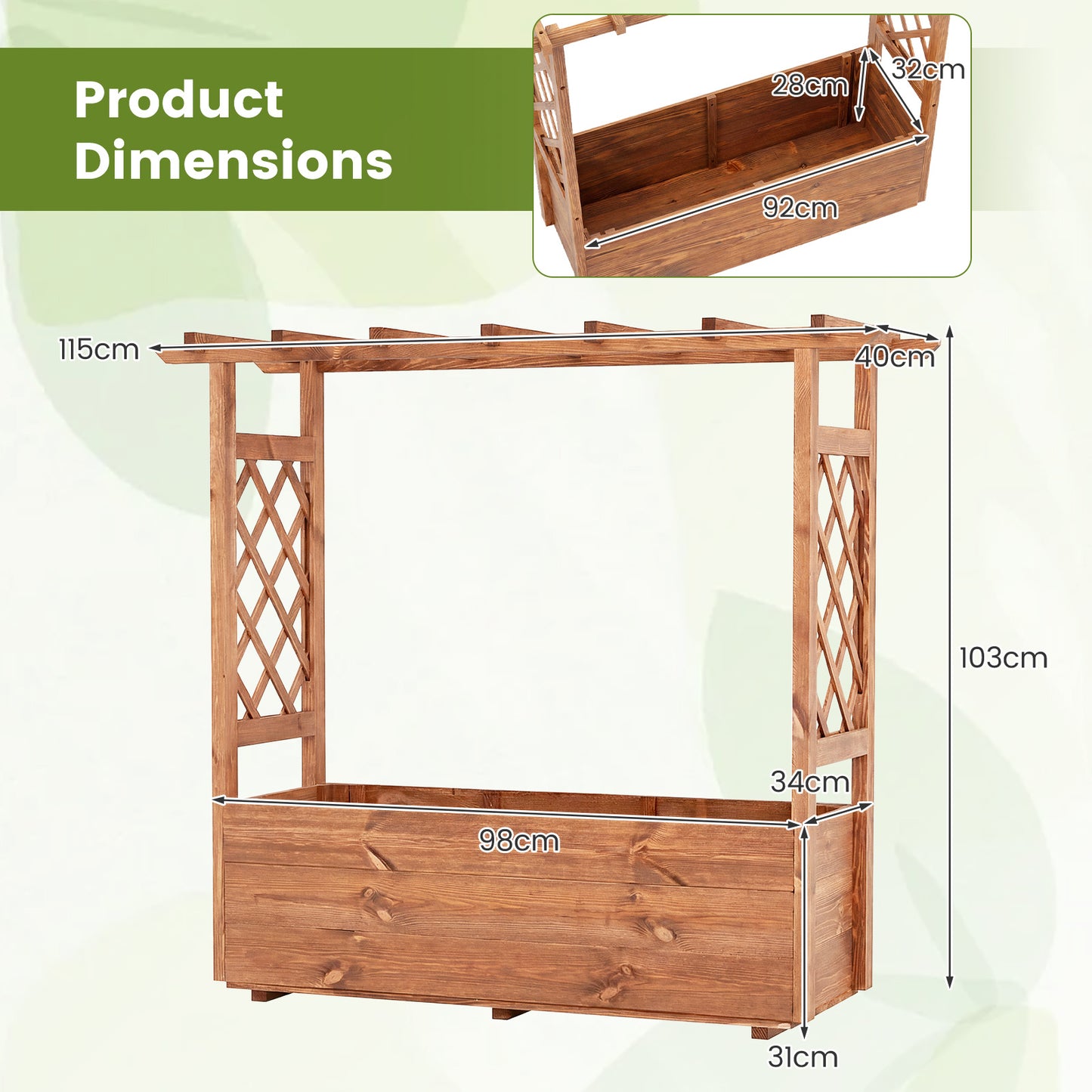 Costway Verhoogde Plantenbak met 2 Traliewerk Steunen Dak en Afwateringsopeningen Hoge Plantenbak van Massief Hout voor Terras en Balkon 118 × 40 × 103 cm