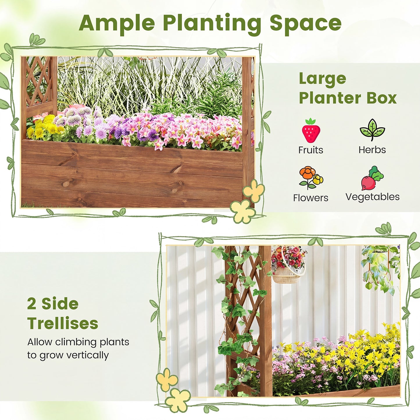 Costway Verhoogde Plantenbak met 2 Traliewerk Steunen Dak en Afwateringsopeningen Hoge Plantenbak van Massief Hout voor Terras en Balkon 118 × 40 × 103 cm