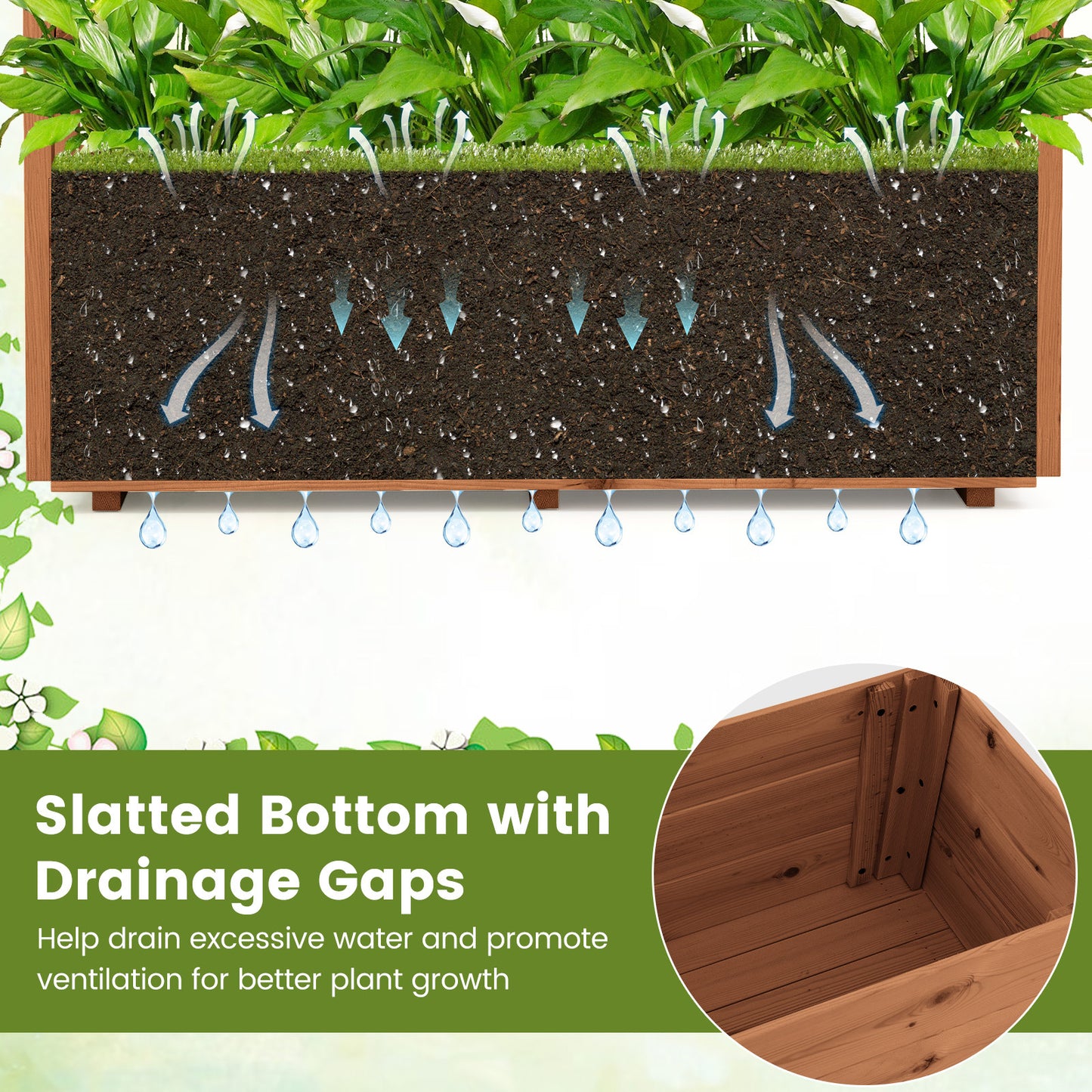 Costway Verhoogde Plantenbak met 2 Traliewerk Steunen Dak en Afwateringsopeningen Hoge Plantenbak van Massief Hout voor Terras en Balkon 118 × 40 × 103 cm