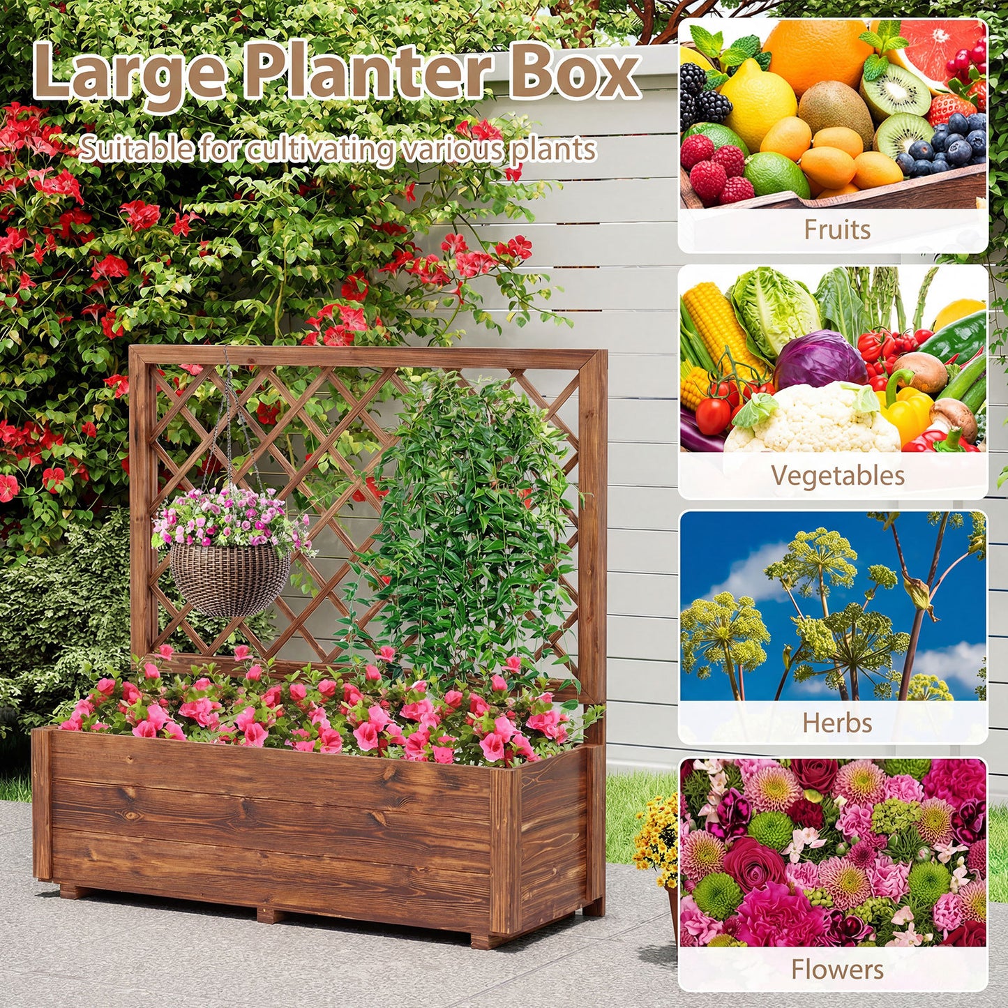 Costway Verhoogde Plantenbak met 2 Traliewerk Steunen Dak en Afwateringsopeningen Hoge Plantenbak van Massief Hout voor Terras en Balkon 98 × 34 × 104 cm