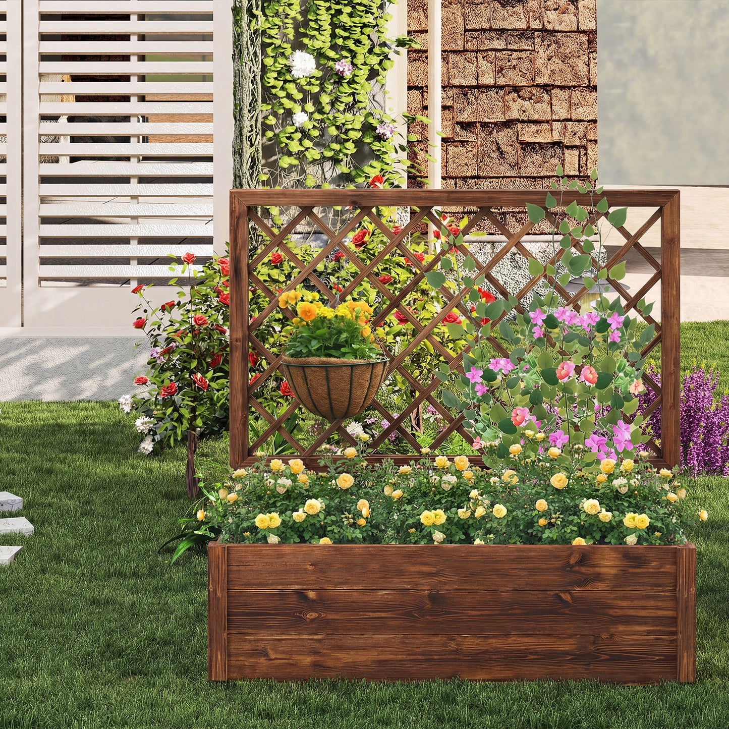 Costway Verhoogde Plantenbak met 2 Traliewerk Steunen Dak en Afwateringsopeningen Hoge Plantenbak van Massief Hout voor Terras en Balkon 98 × 34 × 104 cm
