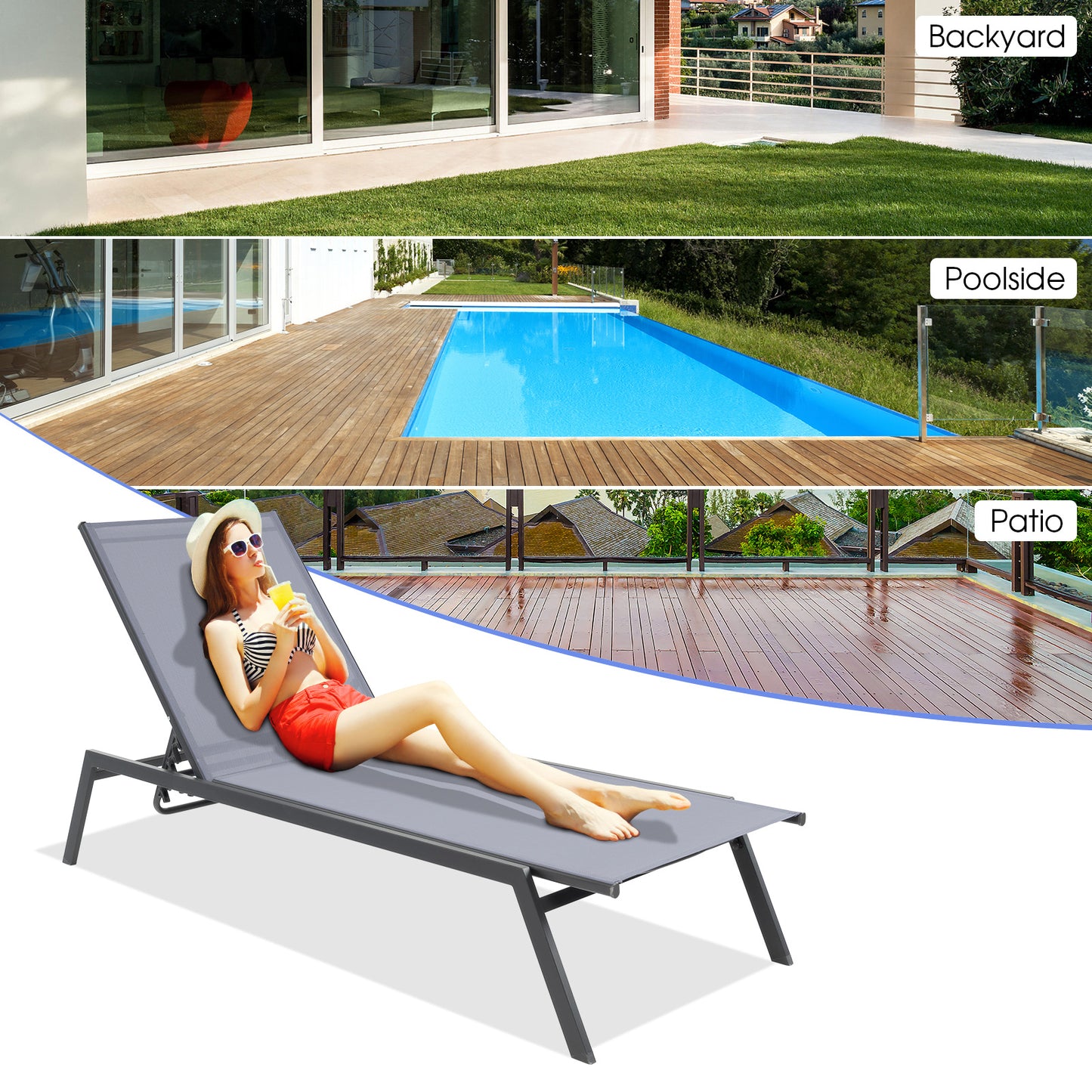 Costway Verstelbare Outdoor Ligstoel 6 Positie Ligstoel en Sneldrogende Stof Outdoor Zonnebed voor Zwembadgebied Tuin