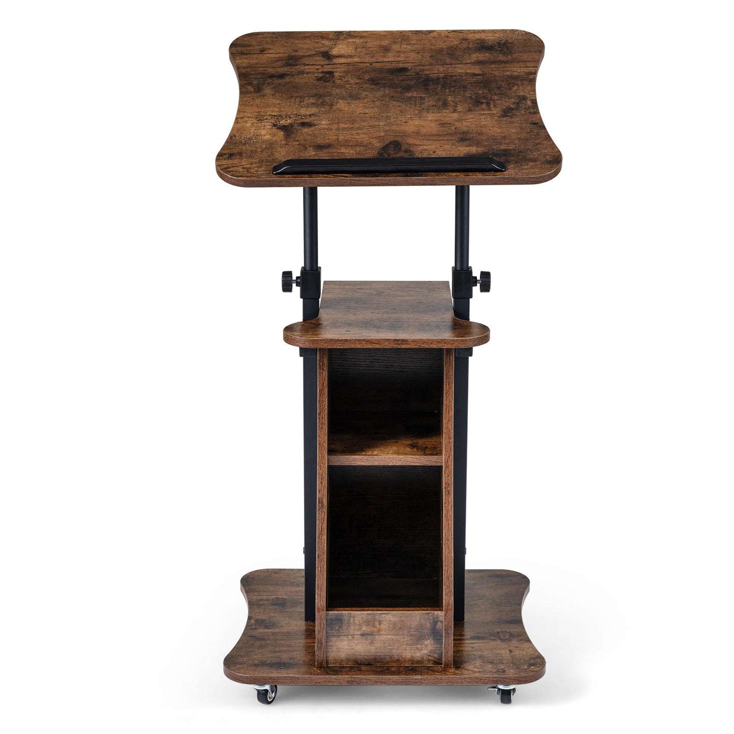 Costway Verstelbare Spreektafel Staande Tafel met Wielen en Kantelbare Tafel Mobiele Staande Bureau Bruin